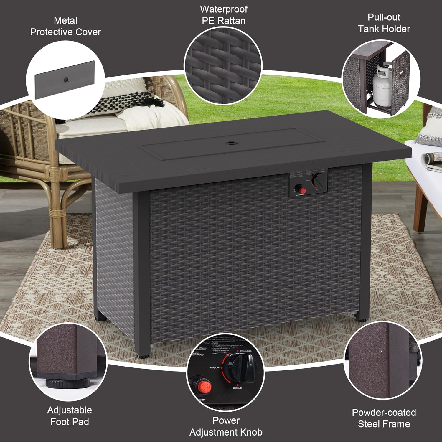 GOJOOASIS Outdoor Fire Pit Table 42 Inch Patio Propane Fire Pit Wicker Rattan 50,000 BTU Auto-Ignition Gas Pit for Outside Black Without Glass Wind Guard