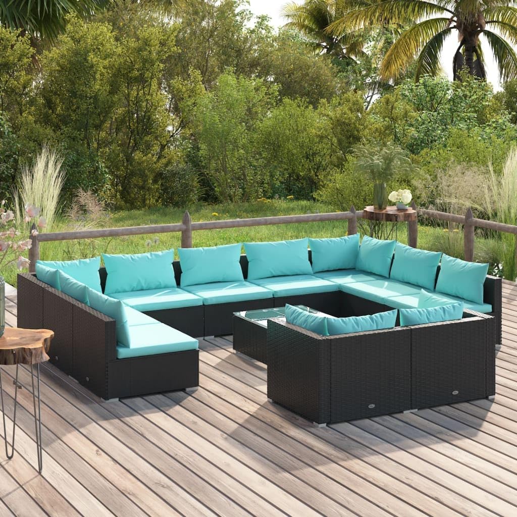 12 Piece Patio Lounge Set with Cushions Black Poly Rattan,Modern Outdoor Lounge Set 7Piece with Cushions and Coffee Table for Patio, Garden, and Backyards Patio Furniture, Outdoor Furniture Sets