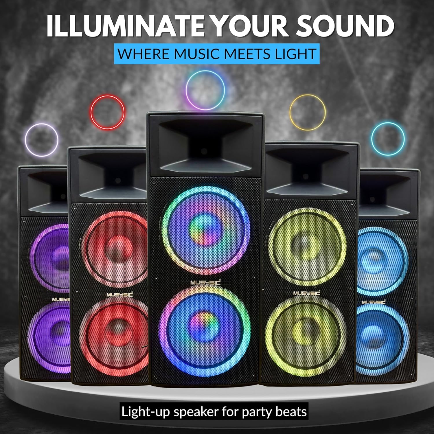 MUSYSIC Portable PA Speaker System w/Bluetooth – Built in 4000W PMPO Amplifier with LED Party Lights Bluetooth, FM, USB, SD 1/4“Inputs PA System – 2 X 15” Subwoofer Speaker