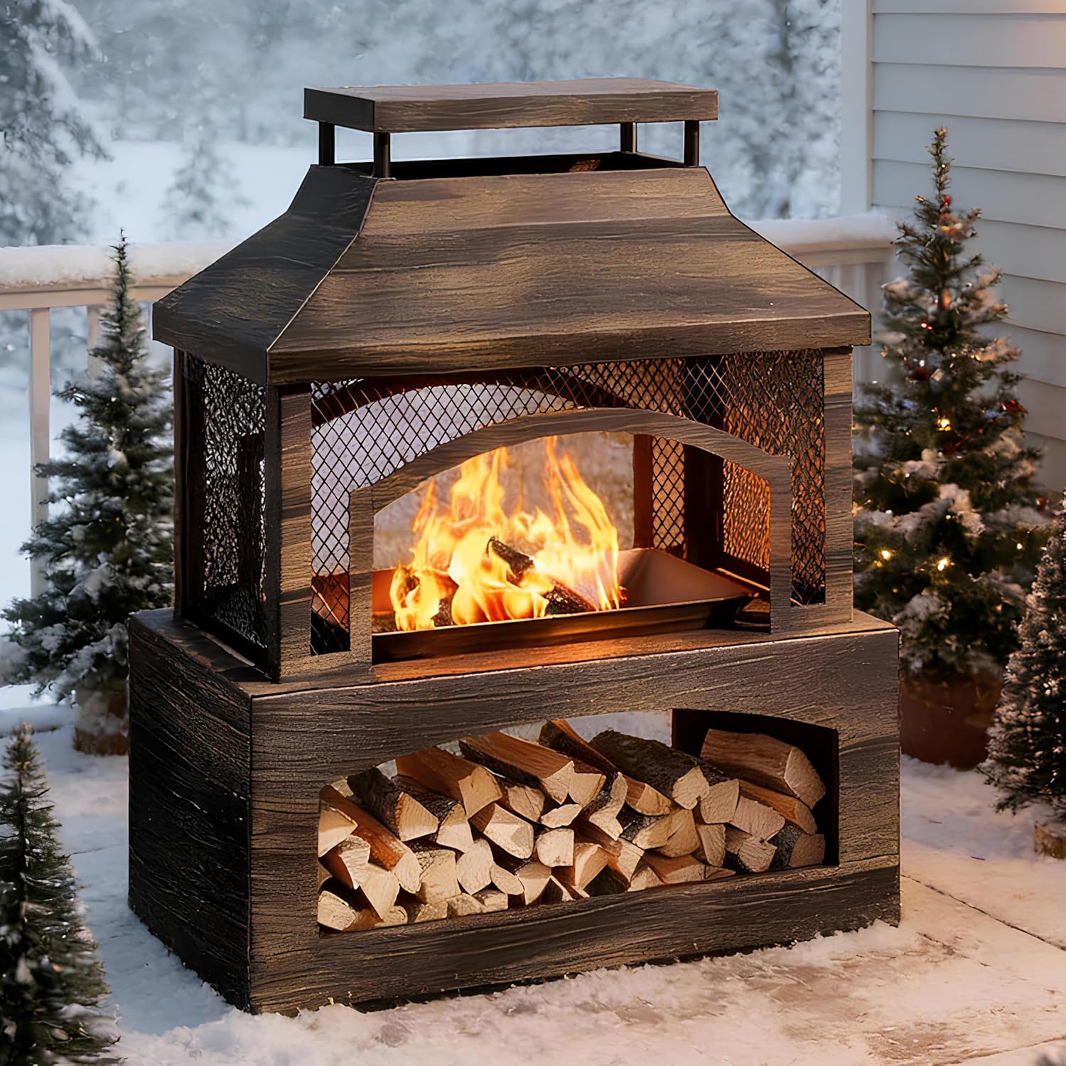 37 Inch Outdoor Fireplace, Wood Burning Fire Pit for Patio with Built-in Log Storage, Steel Rectangular Fire Table with Poker for Camping, Garden, Backyard, Antique Brass