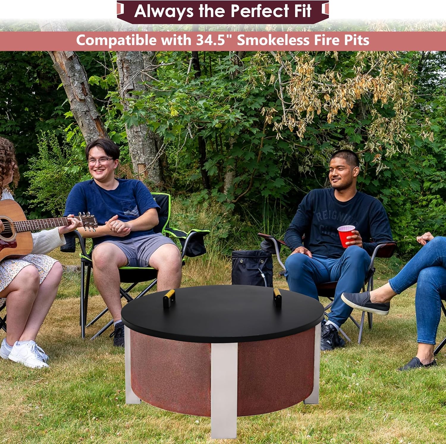 35” Round Fire Pit Lid – Heat Resistant Fire Pit Cover Lid Round for Outdoor Fireplace -16 Gauge Steel Flat Fire Pit Burner Pan Cover with Dual Wooden Handles Snuffer Lid for Patio FirePit Ring
