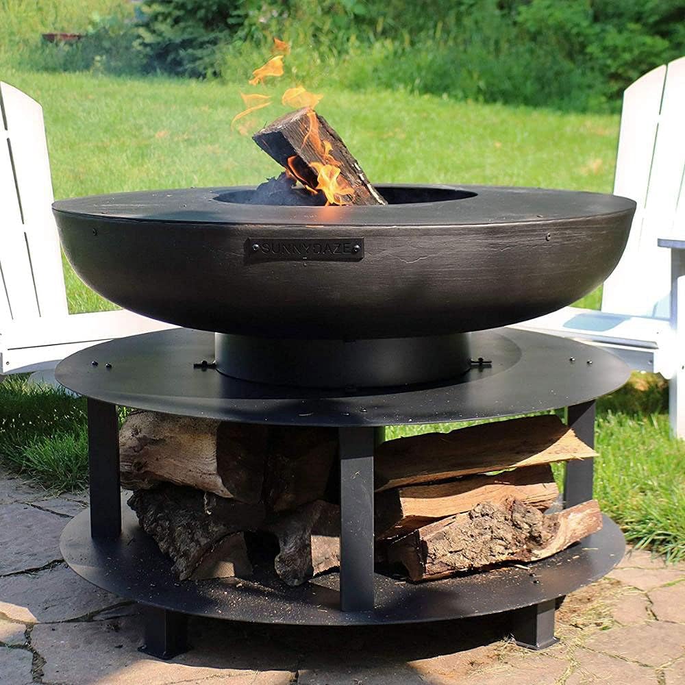 Round Wood Burning Patio Firebowl,Wood Burning Fire Pit,Large Outdoor Fire Pit,Portable Fire Pit,Table Brazier Garden,Backyard Fire Pit,Wooden Tray with Storage