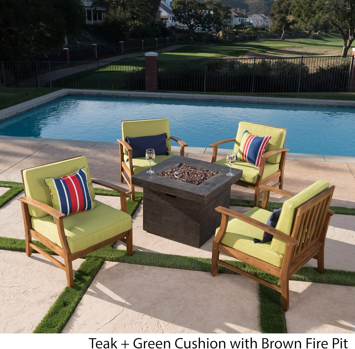 GDFStudio Noble House Kourtney 5 Piece Outdoor Acacia Wood Chair and Firepit Set in Green