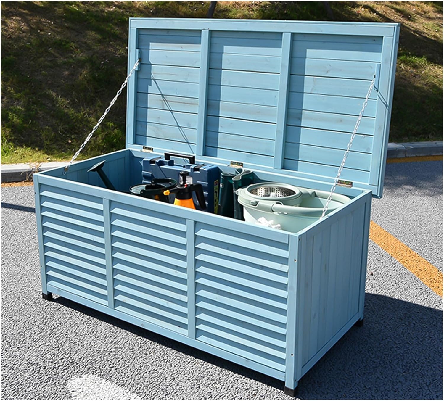 Outdoor Tool Storage Cabinet, Backyard Storage Organizer, Wooden Garden House, Low Cabinet with Waterproof Roof, Garden Container Shed, Solid Wood Balcony Cabinet, for Patio (Blue 122.5x66x60.5cm)