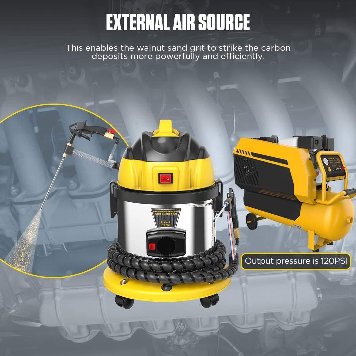 QPKING Walnut Sand DE-Carbon Cleaner HTS558 Walnut Blaster Cleaner Automotive Valvetronic System Carbon Deposition Cleaning Engine Intake Pipe Valve Clean Machine 110V/220V