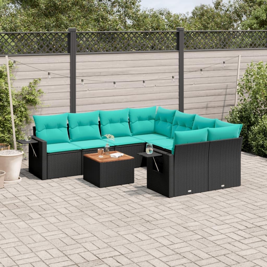 9 Piece Patio Sofa Set, Black Poly Rattan Outdoor Furniture with Cushions, Acacia Wood Tabletop, Modular Design, Garden Deck Backyard Lounge