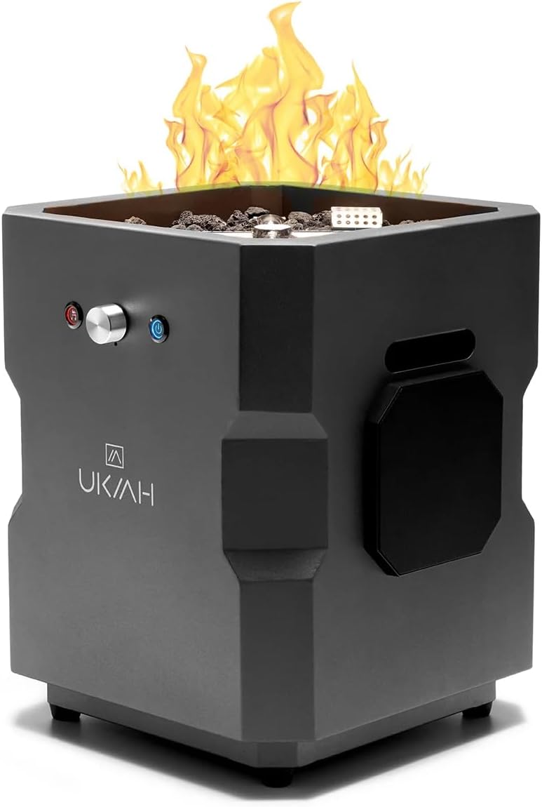 Ukiah TK-1044-T2BLK Portable Fire Pit, 15-1/4 in OAW, 15-1/4 in OAD, 16 in OAH, Propane, Piezo Ignition, Steel