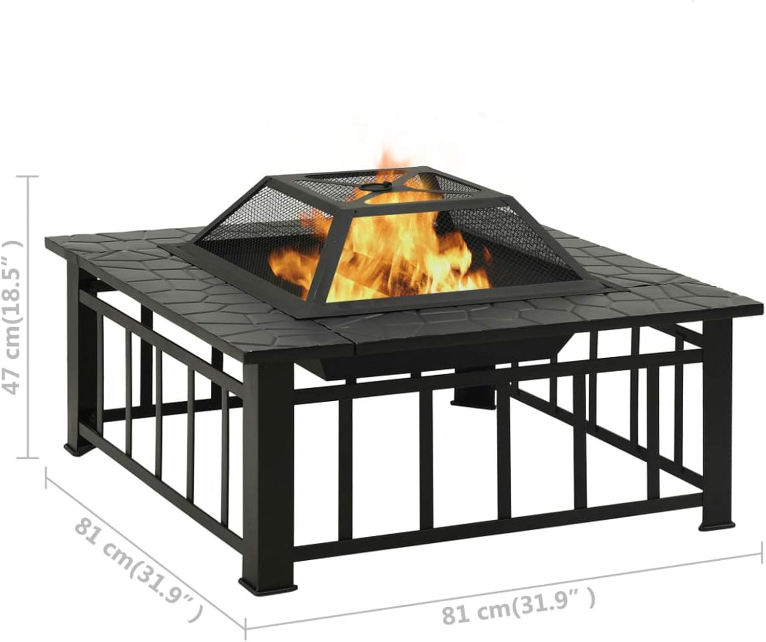 Garden Fire Pit, XXL Steel 31.9x31.9x18.5 Inch with Poker and Mesh Cover for Outdoor Patio and Garden