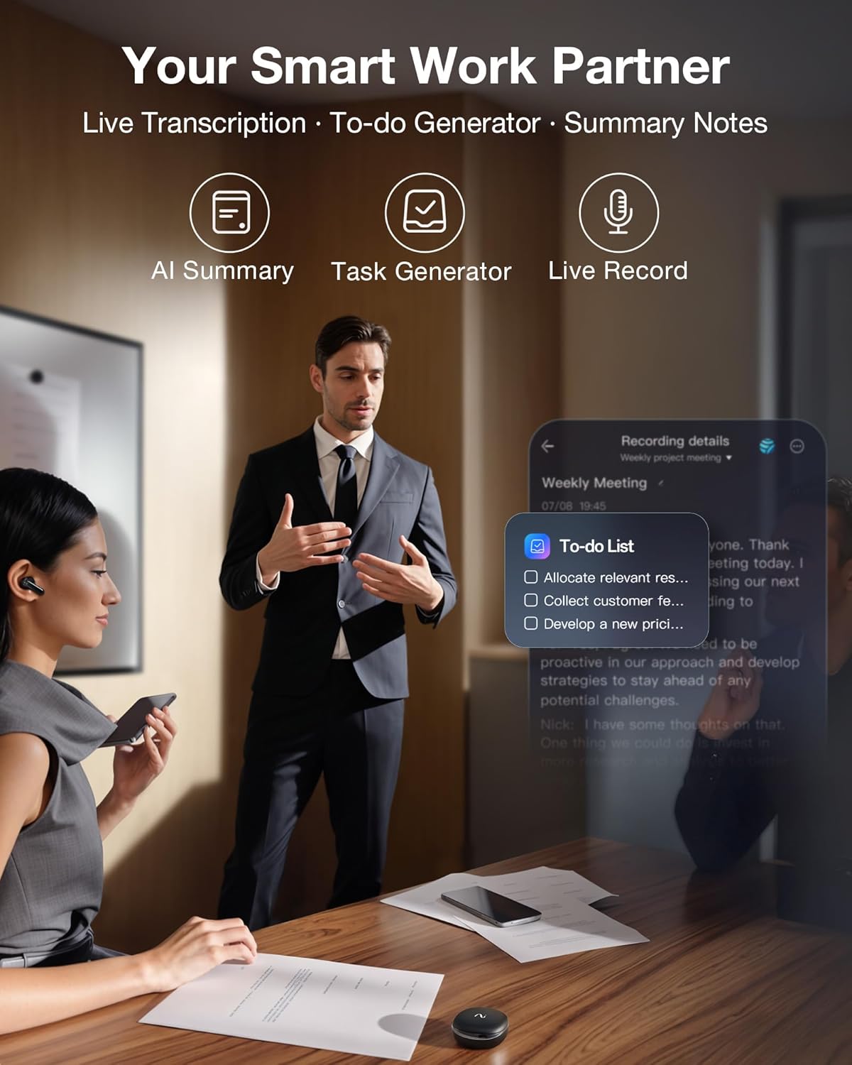 RecDot AI Voice Recorder Earbuds, viaim AI Meeting Assistant with Transcription, 78 Languages, FlashRecord, to-Do Lists & Summaries with viaim AI, 48dB ANC for Meetings, Interviews & Lectures, Black