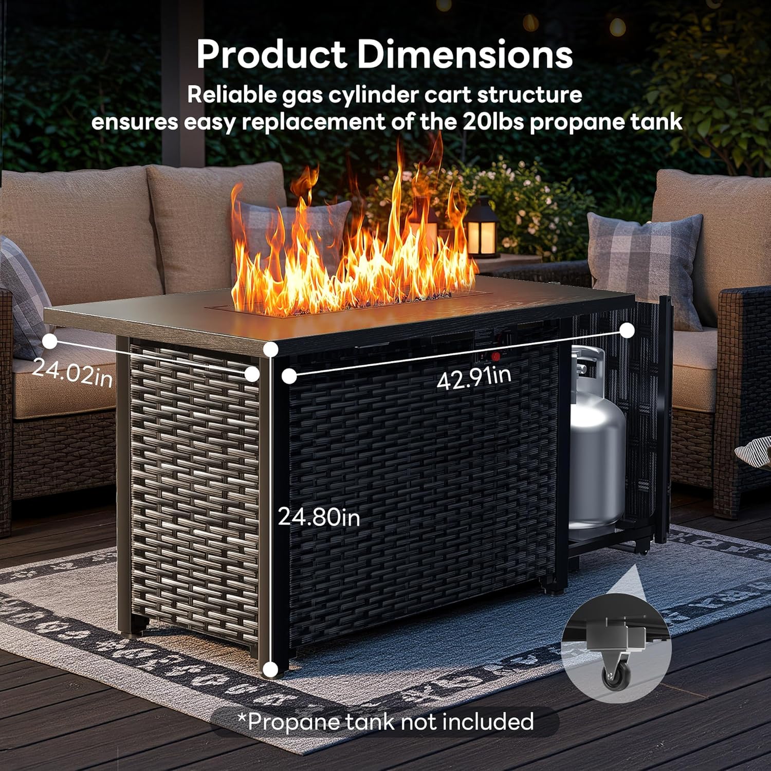 43” Outdoor Propane Fire Pit Table, 50,000 BTU Square Rattan Gas Fire Pit with Lid & Blue Crystal Stones, Steel Tabletop, Adjustable Flame, 4-in-1 FirePit Table for Patio, Backyard, Outdoor Gatherings