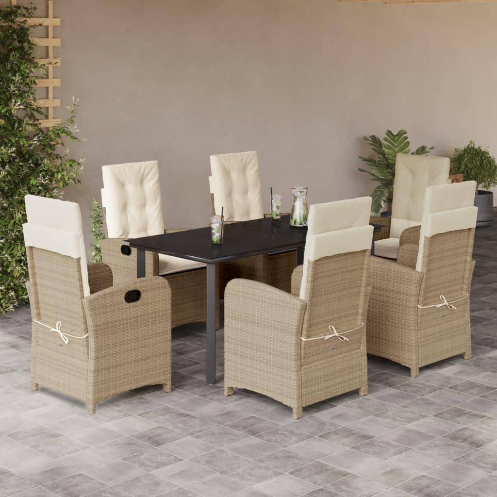 7 Piece Patio Dining Set with Cushions Beige Poly Rattan,Garden Dining and Lounge Set with Adjustable Backrests and Cushions for Outdoor and Patio Patio Furniture Sets, Outdoor Furniture Sets