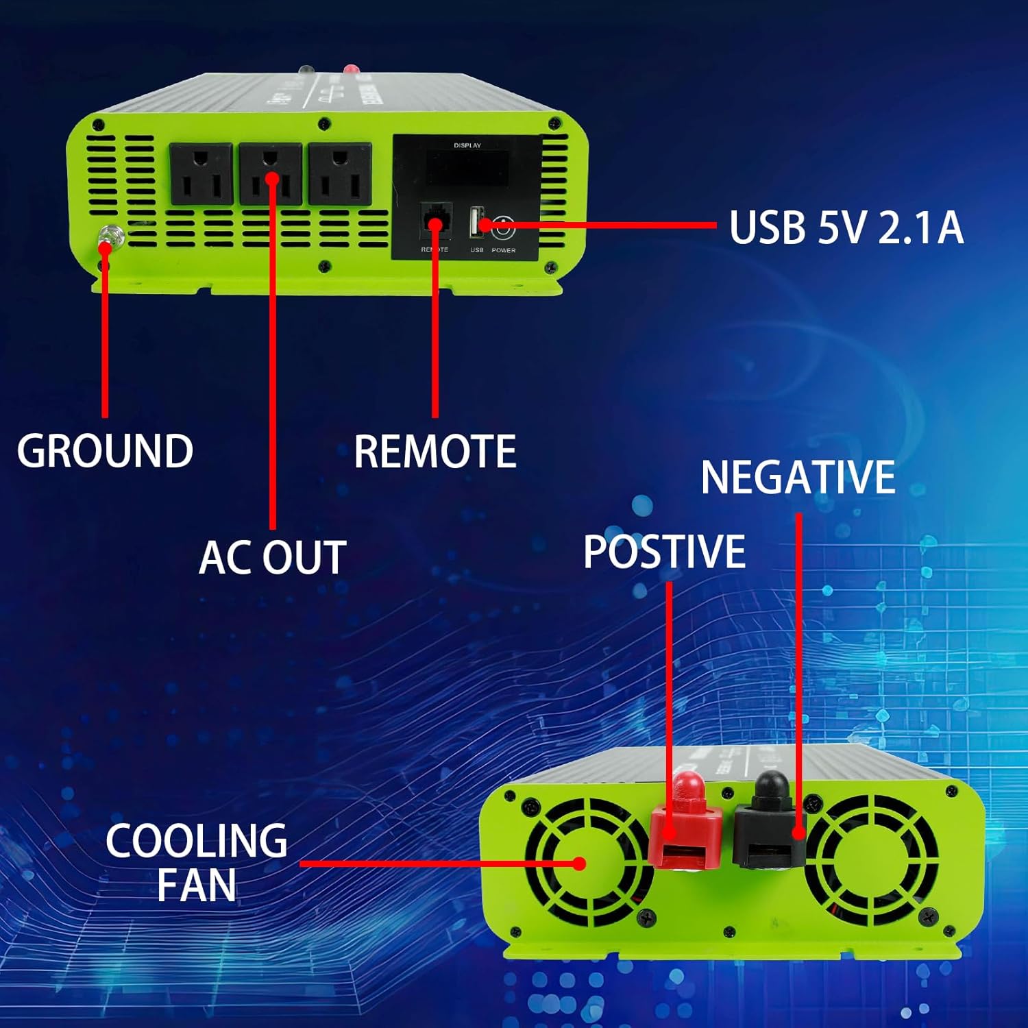 Confote 2000W Pure Sine Wave Inverter,12V DC to 120V AC Converter for Vehicles,Home, Solar Power Inverter 12V to 110V with Built-in 5V/2.1A USB/Hardwire Port, Remote Controller