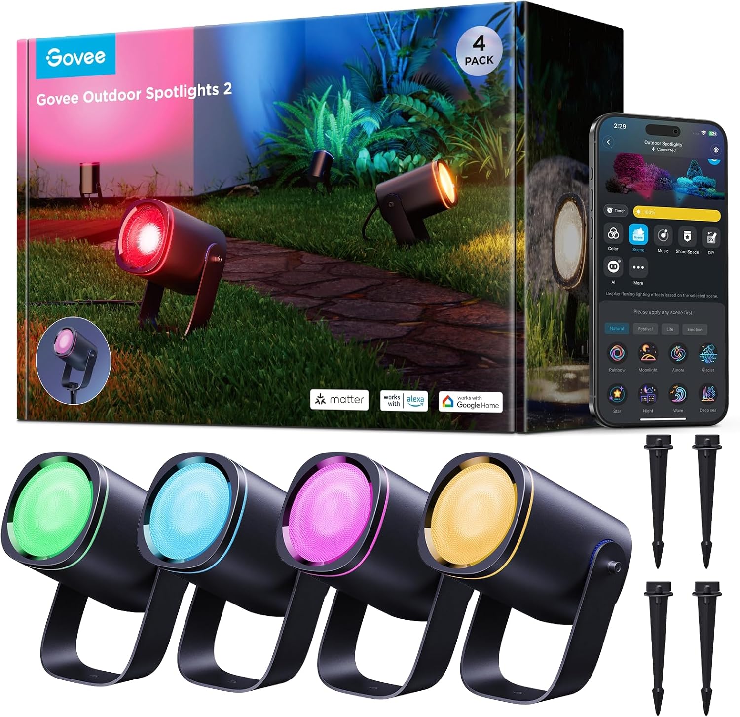 Govee Outdoor Spot Lights 2, IP67 Waterproof Spotlights, Landscape Lights Work with Matter, Alexa, and Google Assistant, RGBWIC Color Changing Light for Outdoor Decor, Patio Decorations, 4 Pack