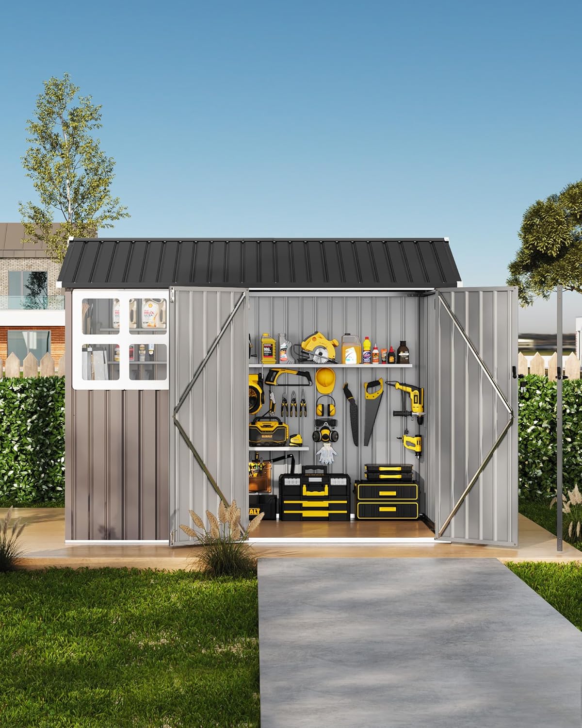 6x8 ft Outdoor Storage Shed, Metal Garden Tool Shed with Updated Frame Structure, Lockable Doors and Windows, Ideal for Backyard Garden Patio Lawn, Brown