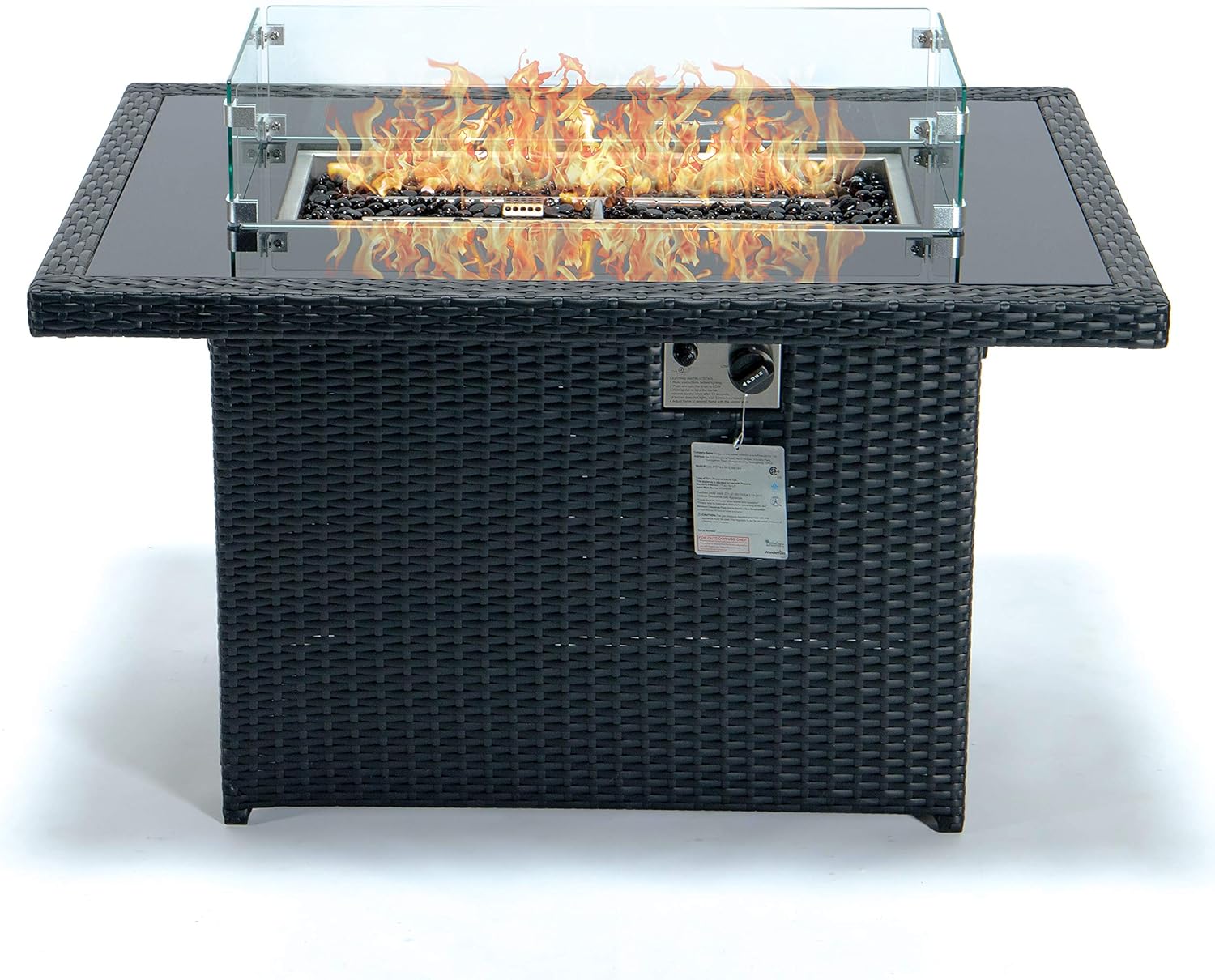 LeisureMod 44-Inch Propane Fire Pit Table, 50,000 BTU Auto-Ignition Gas Fire Pit with Lid, Tempered Glass Wind Guard & Decorative Stones, Black