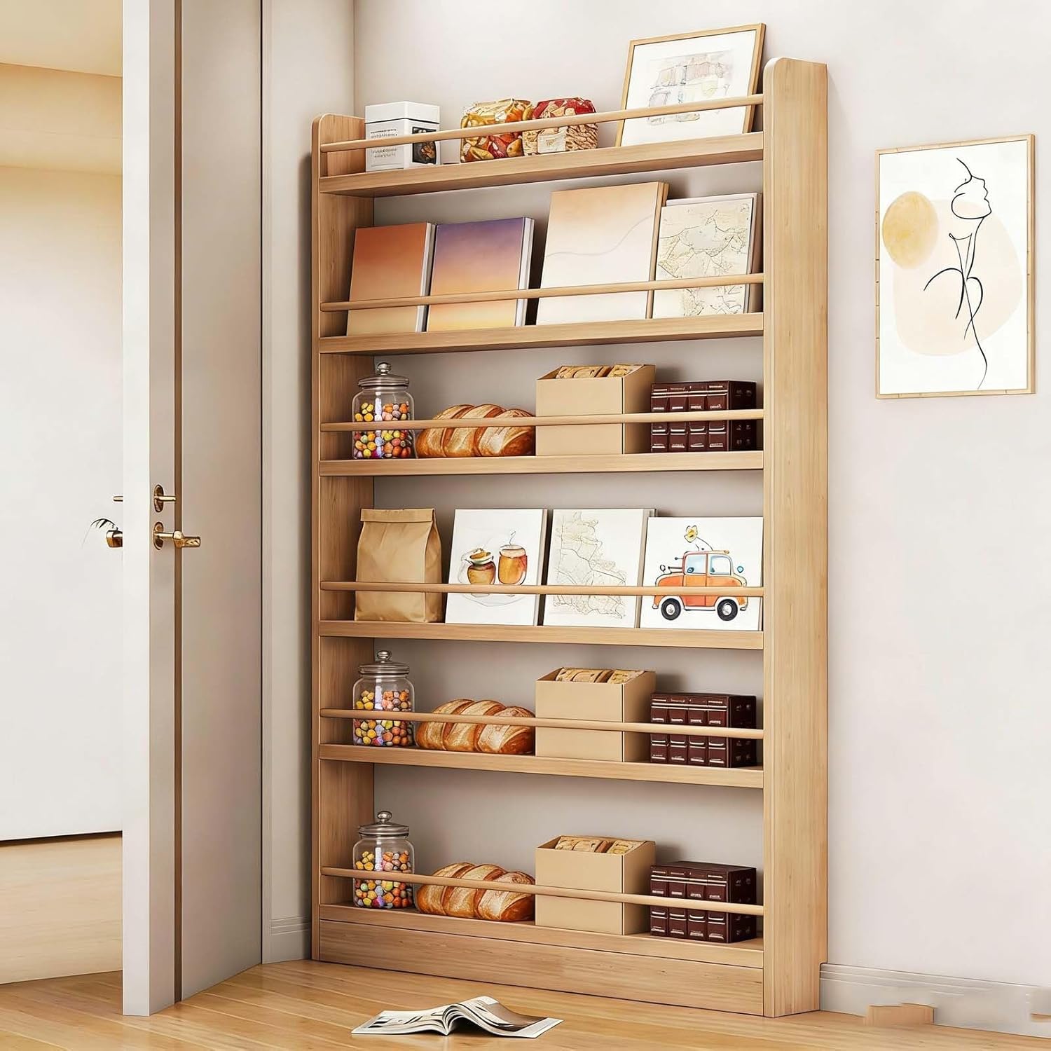 Wall Mount Bookshelf 6 Tier - Behind The Door Storage Cabinet, Slim Space Saving Kids Organizer, Wooden Hidden Book Shelf for Home(35.4 * 3.9 * 37.7in)