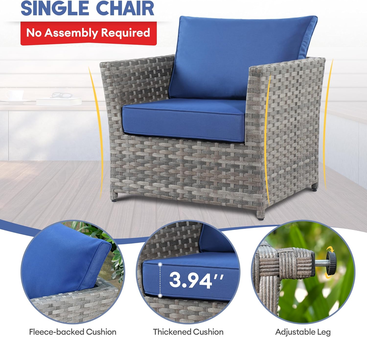 Outdoor Patio Furniture Set, 10 Pieces PE Wicker Patio Conversation Set with Rectangular Propane Fire Pit Table for Gathering (Navy Blue)