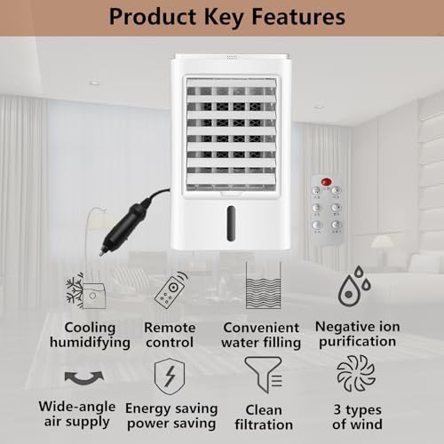 Portable Air Conditioners 4-in-1 Portable Air Cooler Fan Mini Evaporative AC Unit with 3-Speed and 4 Ice Packs Remote Control Touch Screen for Camping Office Bedroom Car 12VCar