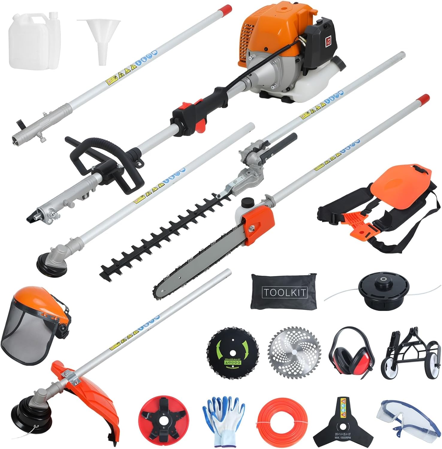 8-In-1Gas Powered Multi-Functional Trimming Tool, 52cc 2-Cycle Engine, Brush Cutter, String Trimmer, Pole Saw Chainsaw, Hedge Trimmer, Lawn Edger, Grass Cutter, Extension Pole Included Orange