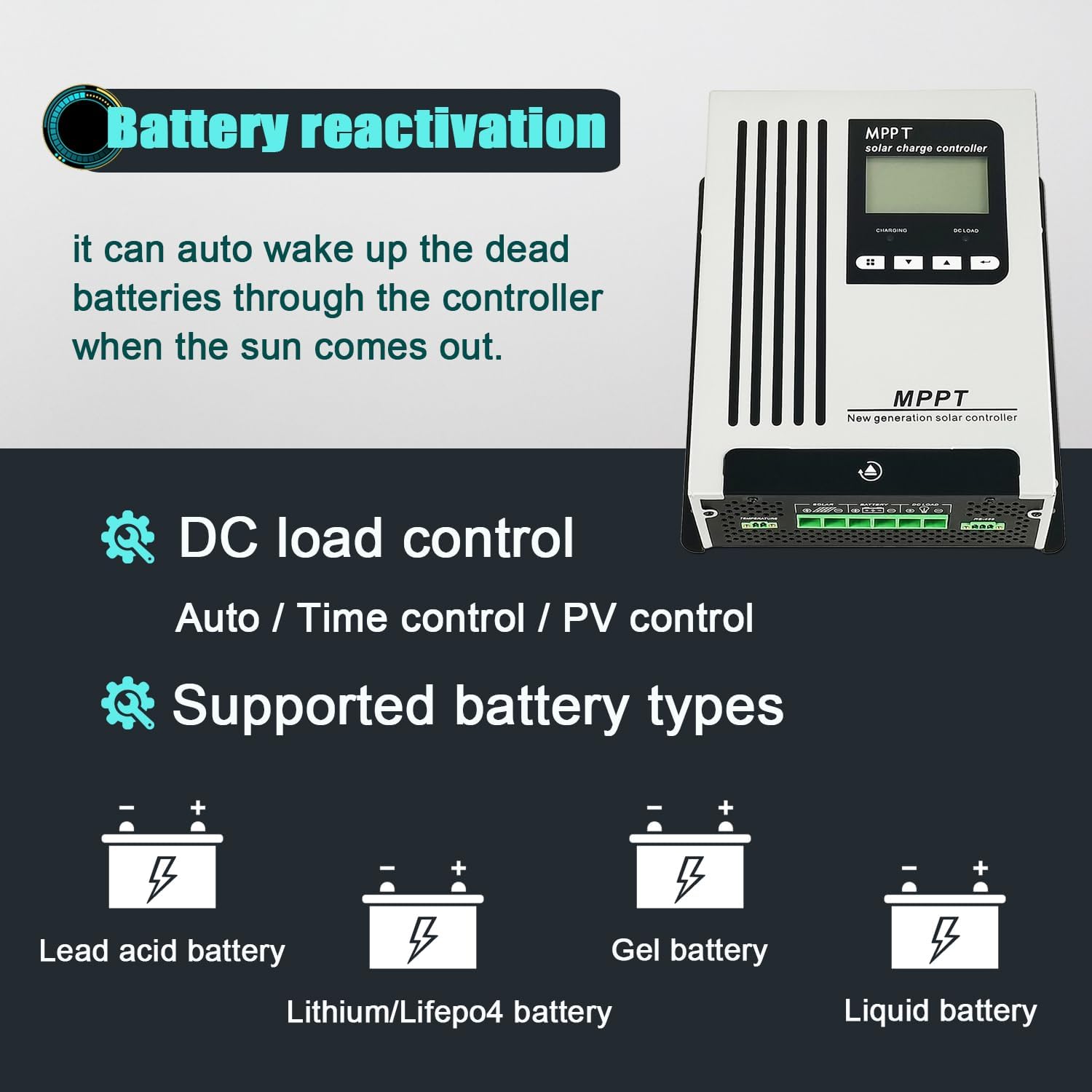 48V 65A MPPT Solar Controller auto Wake up Dead Battery DC150V 12V 24V 48V Auto Max PV Input 3560W for Selectable Batteries
