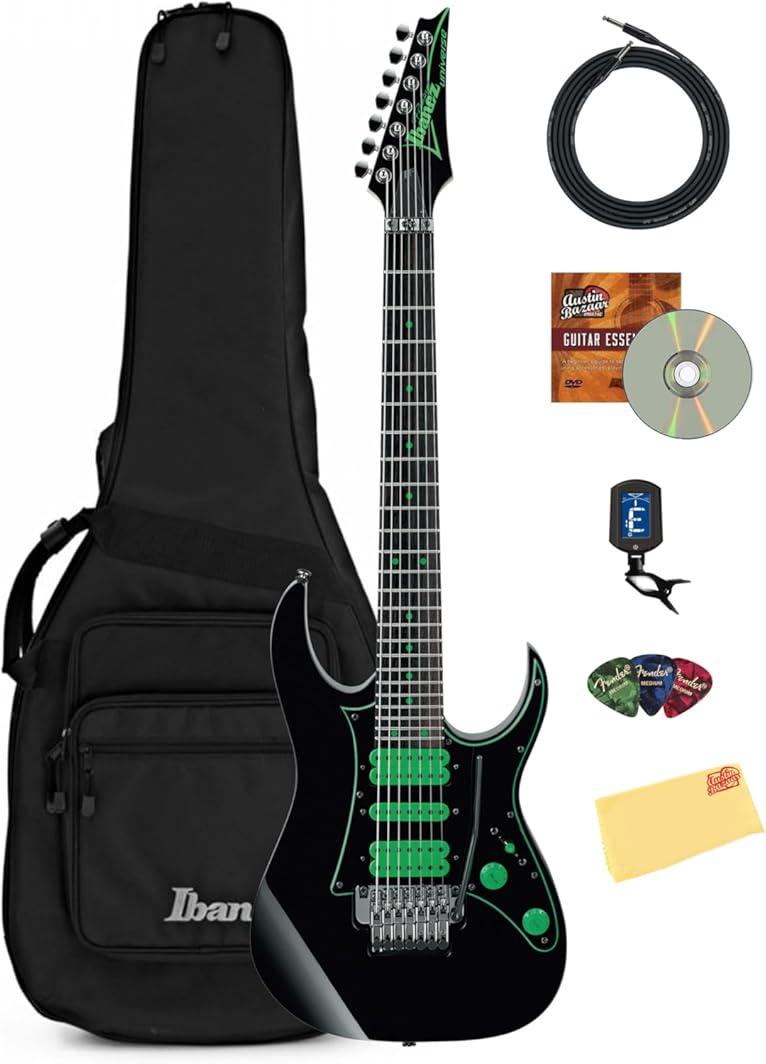 Ibanez UV70P UV Steve Vai Electric Guitar - Black Bundle with Gig Bag, Tuner, Cable, Picks, Austin Bazaar Instructional DVD, and Polishing Cloth