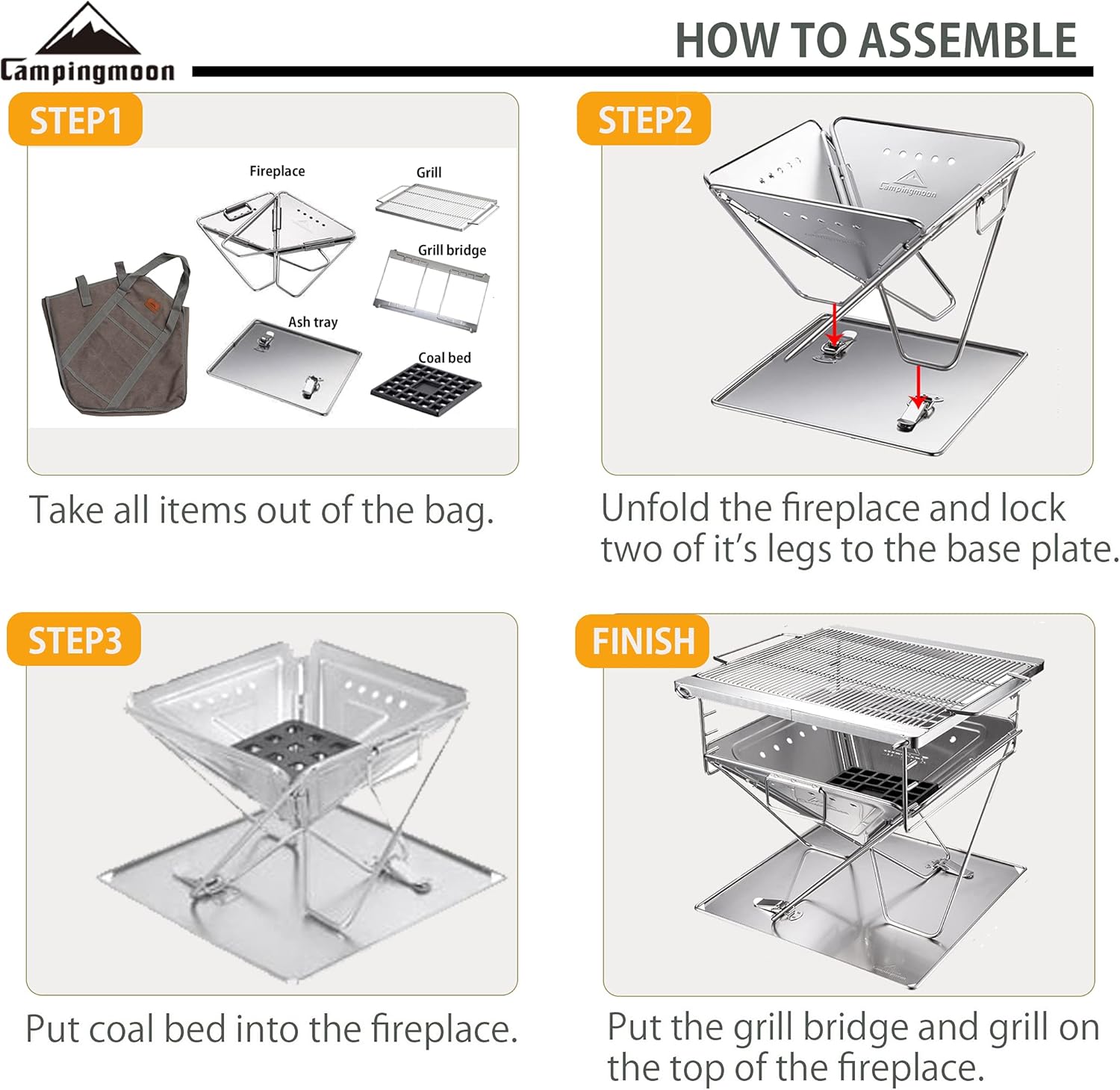 CAMPINGMOON 3-in-1 Portable Stainless Steel Wood Burning Grill and Fire Pit 16x18-inch with Carrying Bag