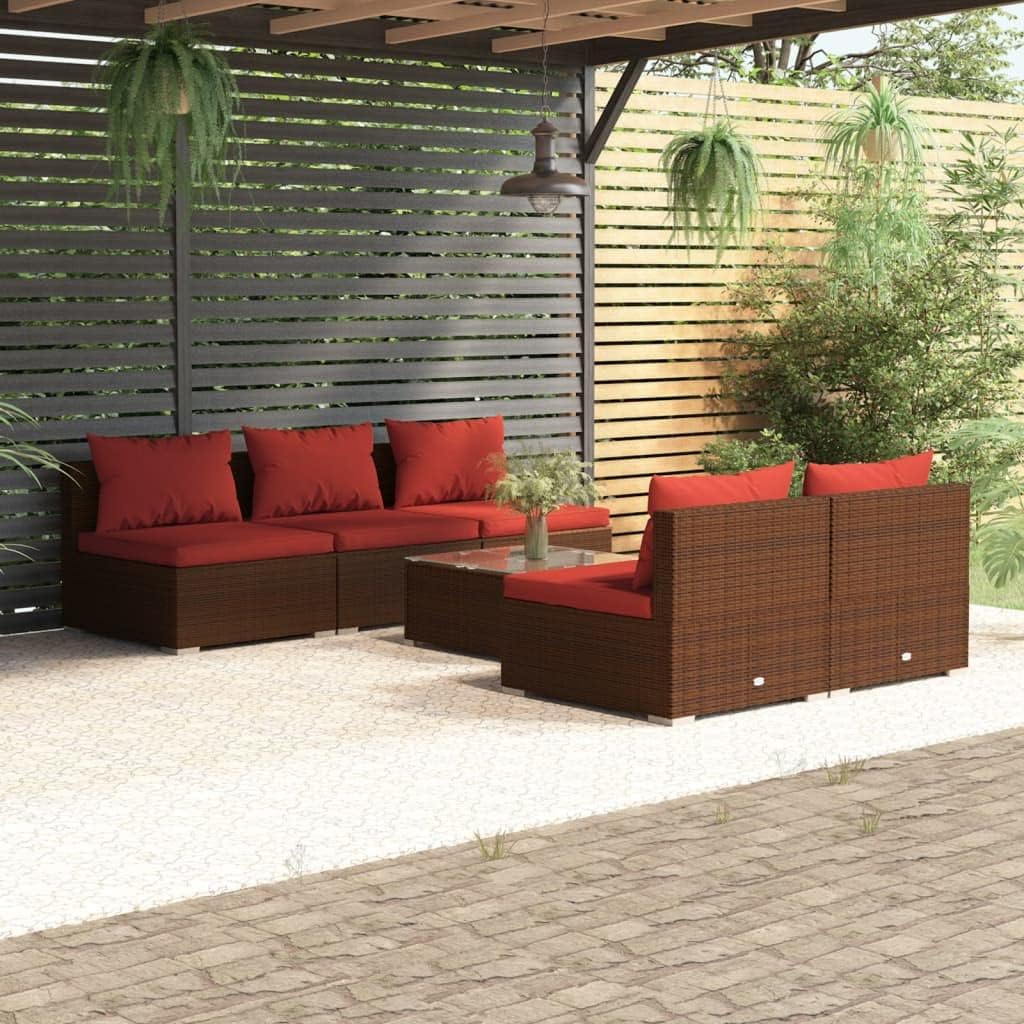 6 Piece Patio Lounge Set with Cushions Poly Rattan Brown,Outdoor Rattan Patio Lounge Set with Cushions for Relaxation and Comfort Patio Furniture, Outdoor Furniture Sets