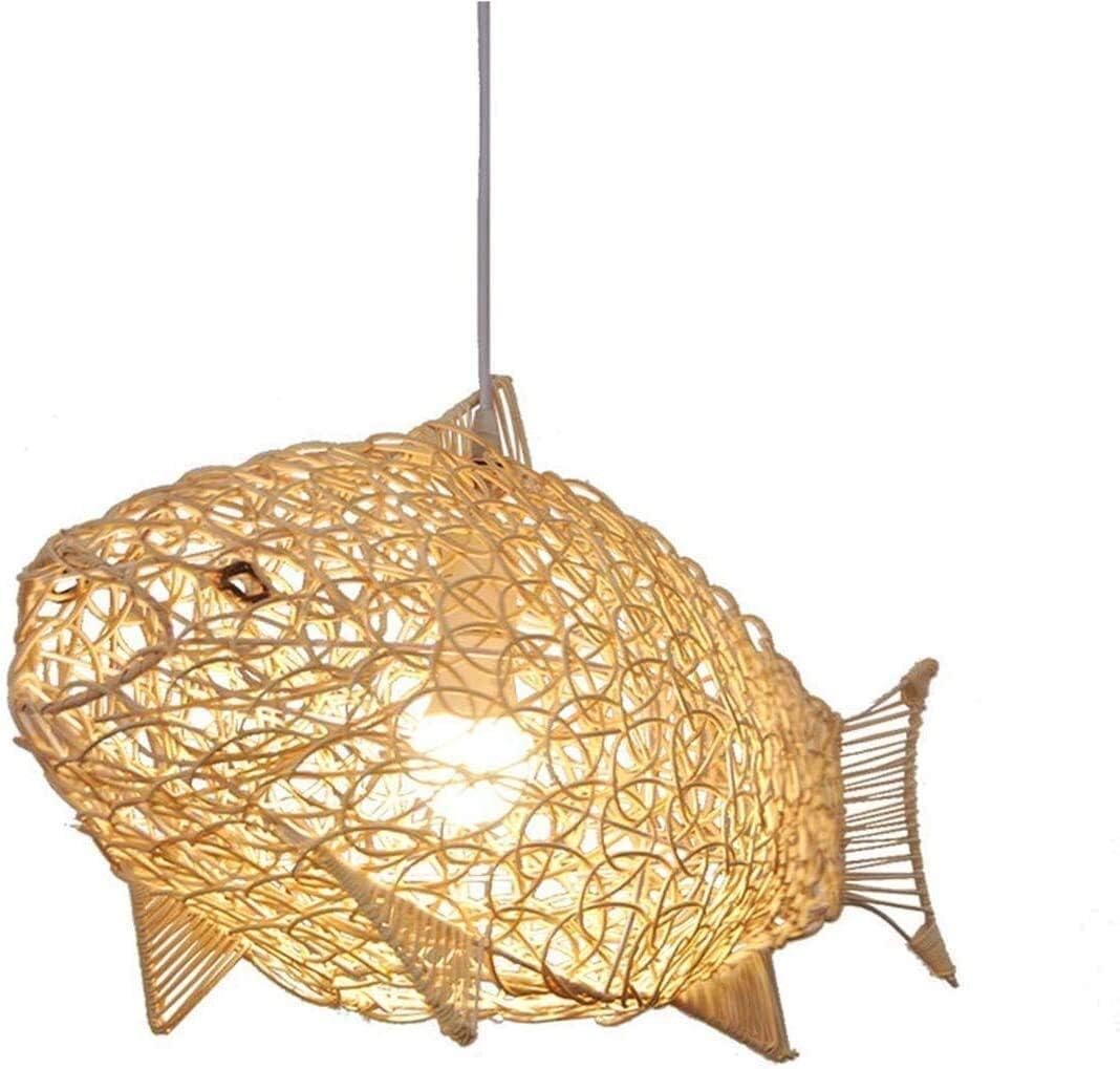 24inch Weaving Natural Wicker Ceiling Hanging Light Fish-Shaped Lantern Pendant Lighting Rattan Light Dining Room Living Room Restaurant Woven Chandelier Drop Lights (Adjustable Cord)