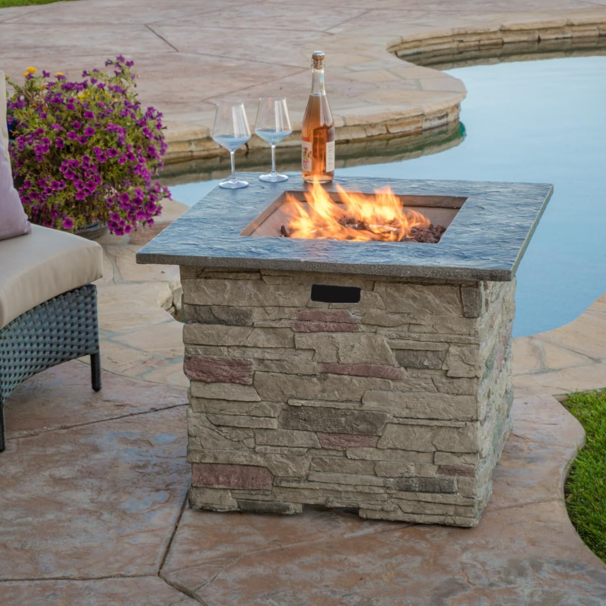 32-Inch Square Lightweight Concrete Propane Fire Pit with Gray Finish, 40,000 BTU, No Assembly Required, Includes Tank Space