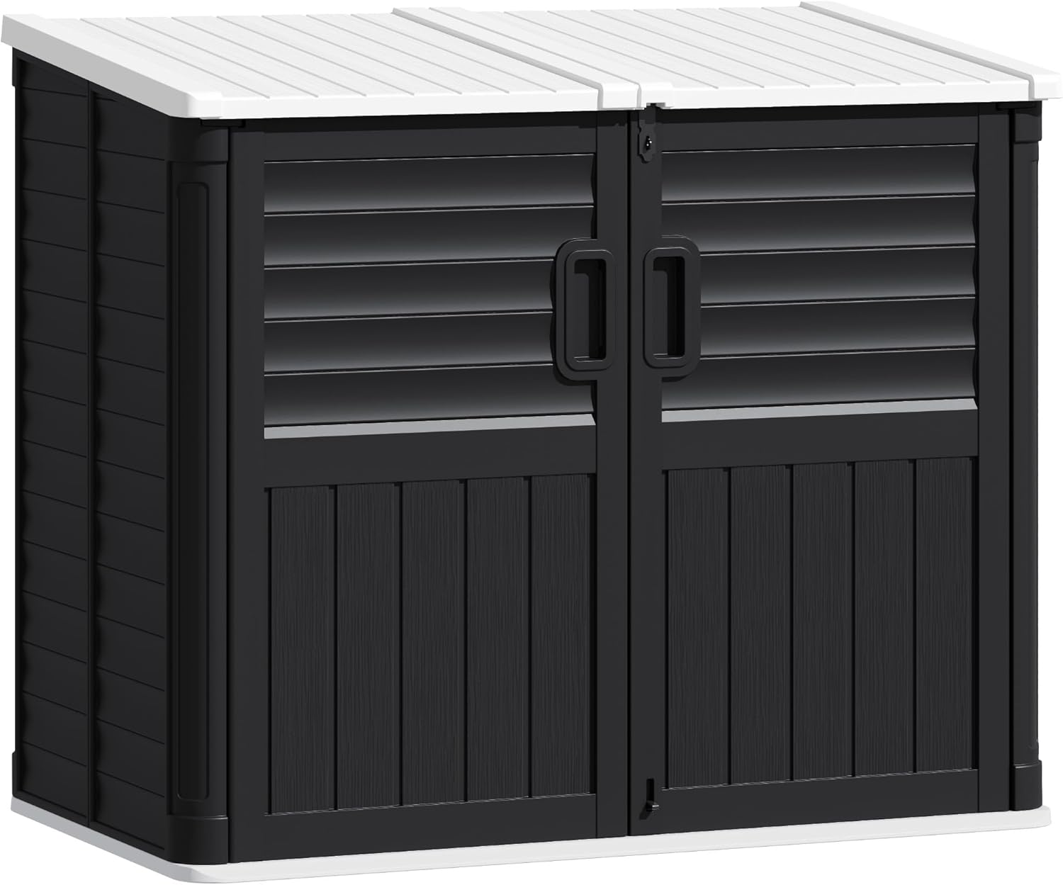 TUOZE 34 Cu Ft Resin Storage Shed, Waterproof Outdoor Storage Cabinet with Sloping Roof & Lockable Lid for Garden Tools, Trash Cans (Black)