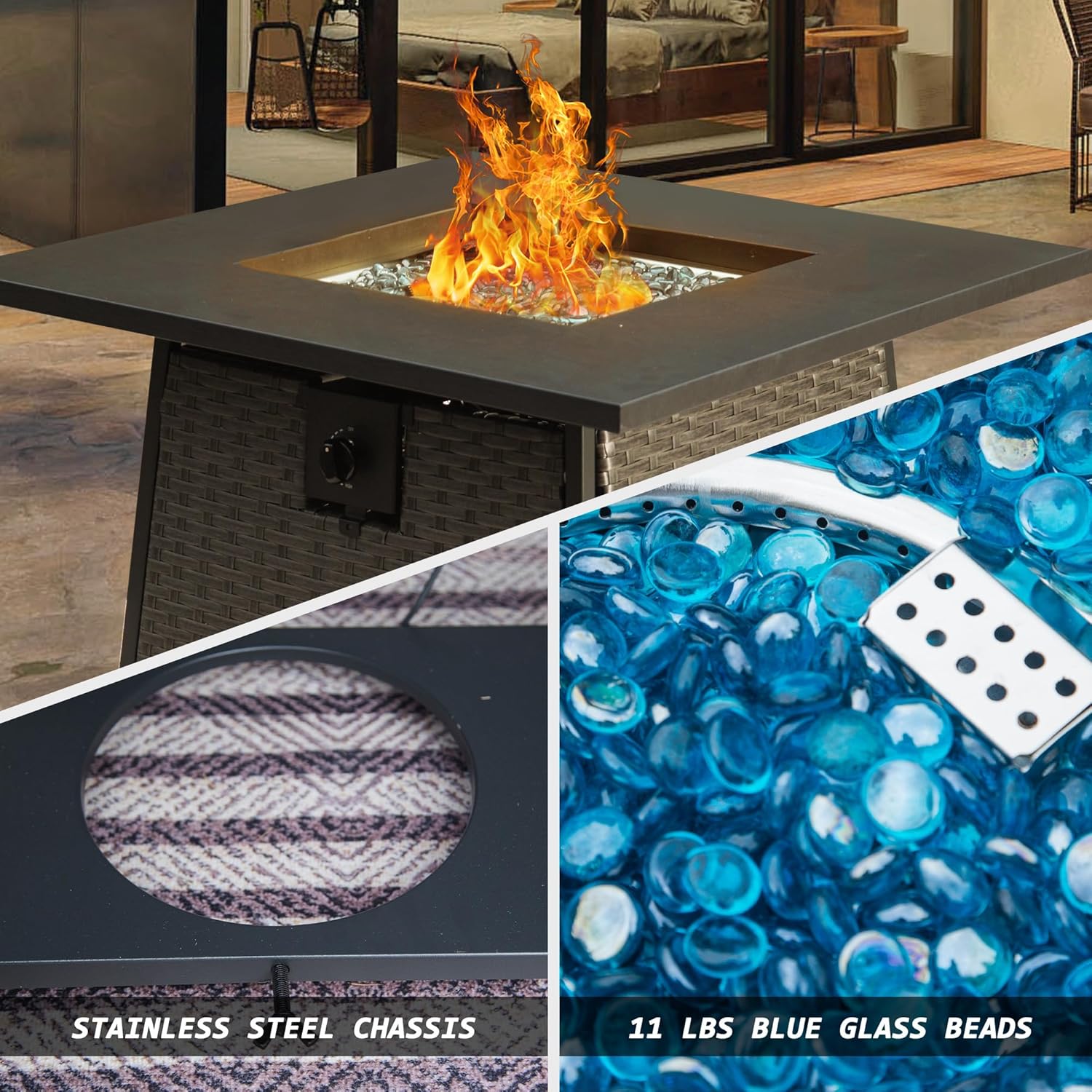 32 Inch Propane Fire Pits Table with Blue Glass Ball,50,000 BTU Outdoor Wicker Fire Table with ETL Certified,2 in 1 Square Steel Gas Firepits (Dark Gray)