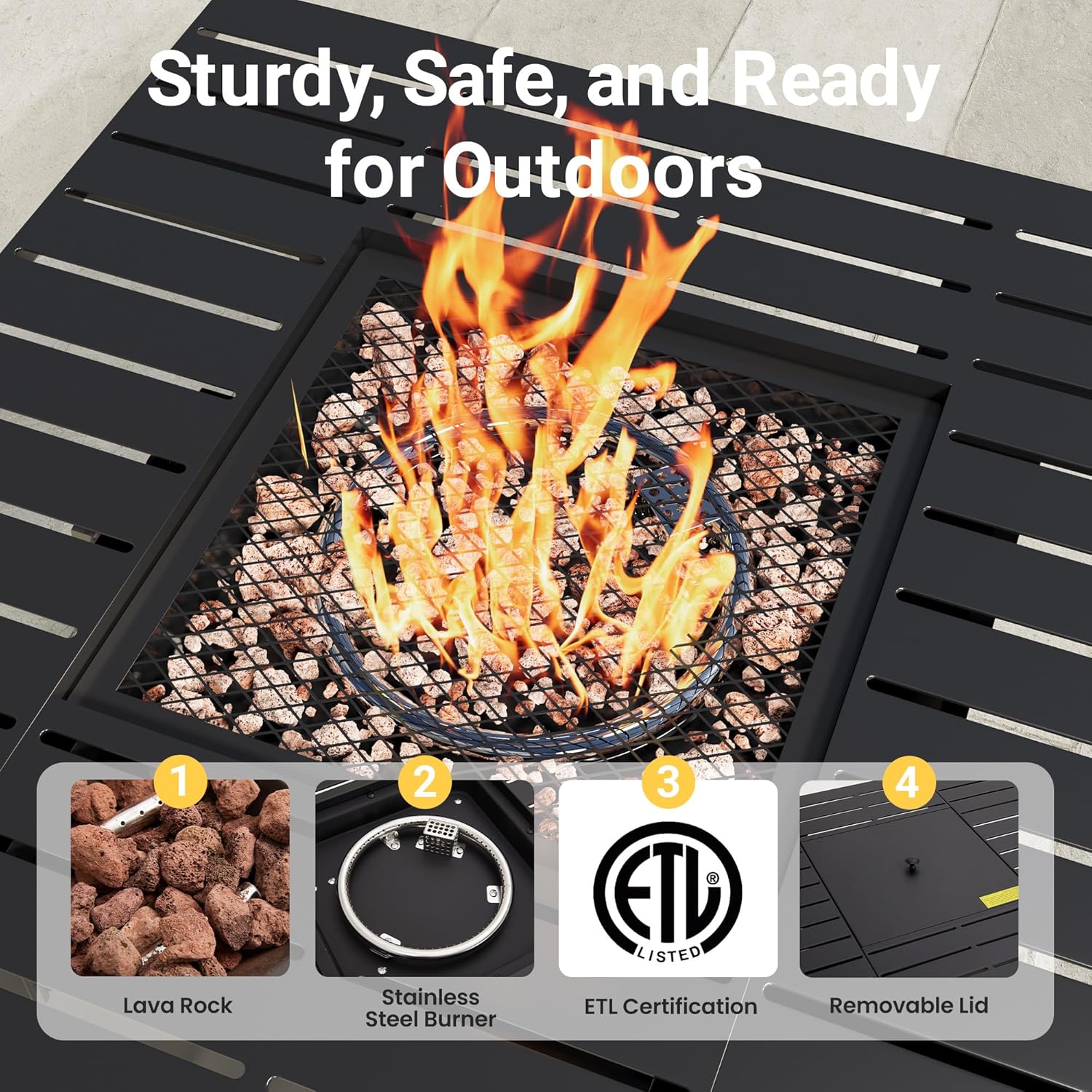 Royalcraft 2 in 1 Propane Fire Pit Table, 50000 BTU Gas Fire Pits Table with Removable Lid, Lava Rock and Cover, Square Fire Table for Dining or Party on Garden, Patio, Yard, 30