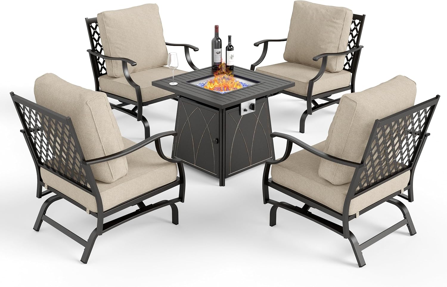 Patio Furniture Set with Firepit Table, 5 Pcs Metal Outdoor Conversation Set, 4 Rocking Chairs with 5.75