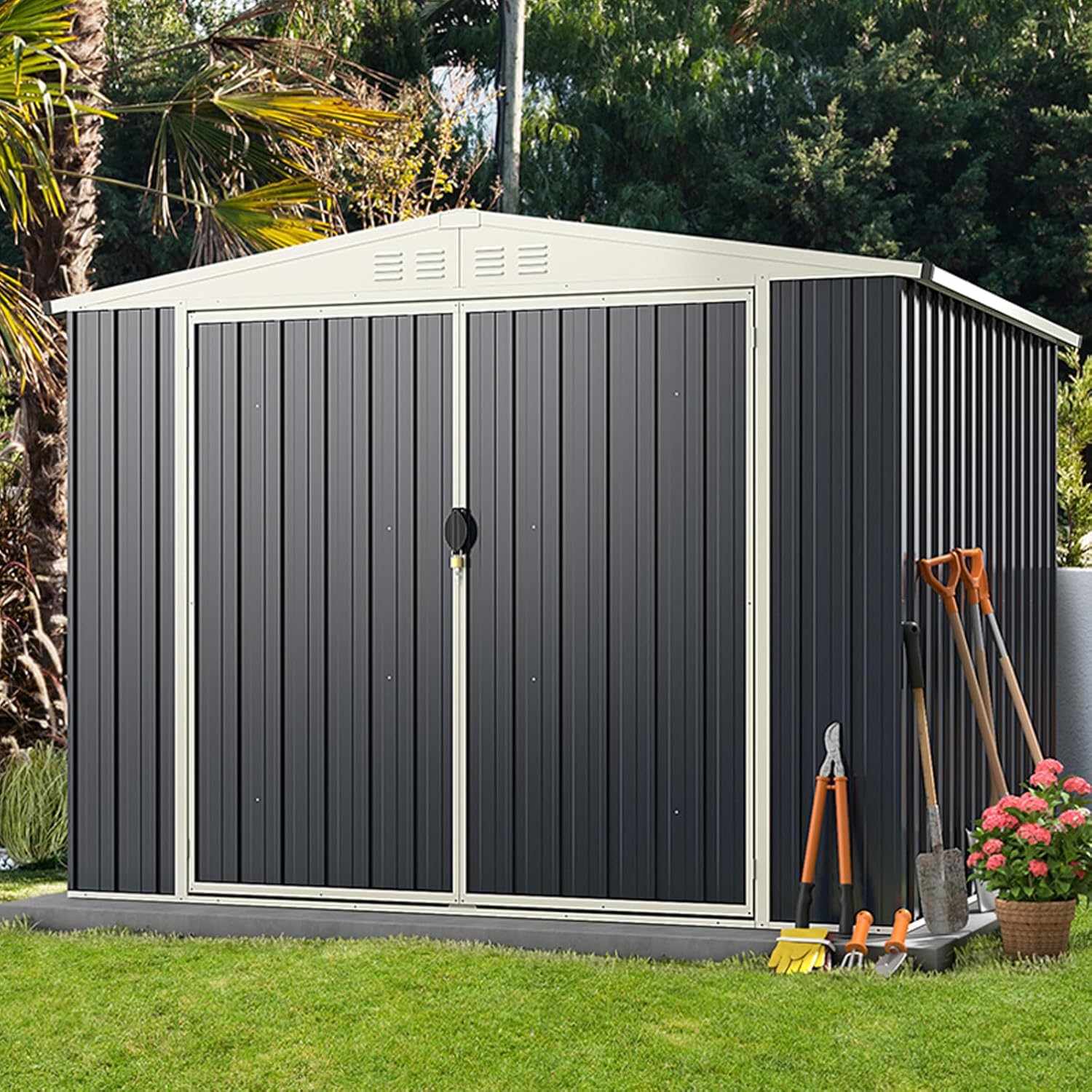 IRONMAX 7.5 x 6.3 FT Outdoor Storage Shed, Garden Tool Shed with Pitched Roof, Vents and Lockable Doors, Snap-On Structure, Weatherproof Galvanized Storage House for Backyard, Patio (7.5 x 6.3 FT)