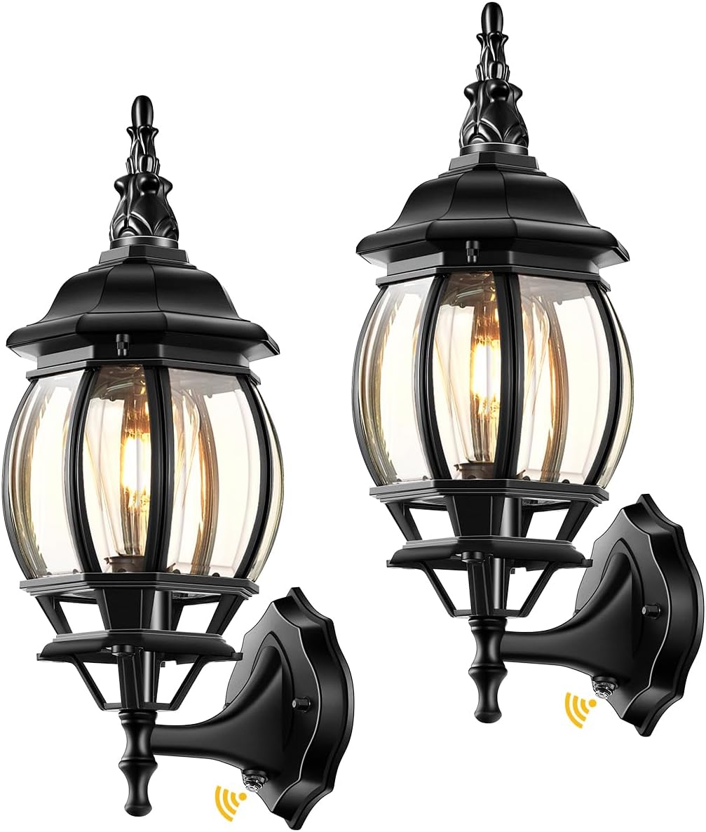 VIANIS Outdoor Garage Lights Wall Mount, Dusk to Dawn LED Outdoor Lighting Wall Lanterns for Porch, Black Exterior Light Fixture, Waterproof Outdoor Sconce Lights, Outside Light for House 2 Packs