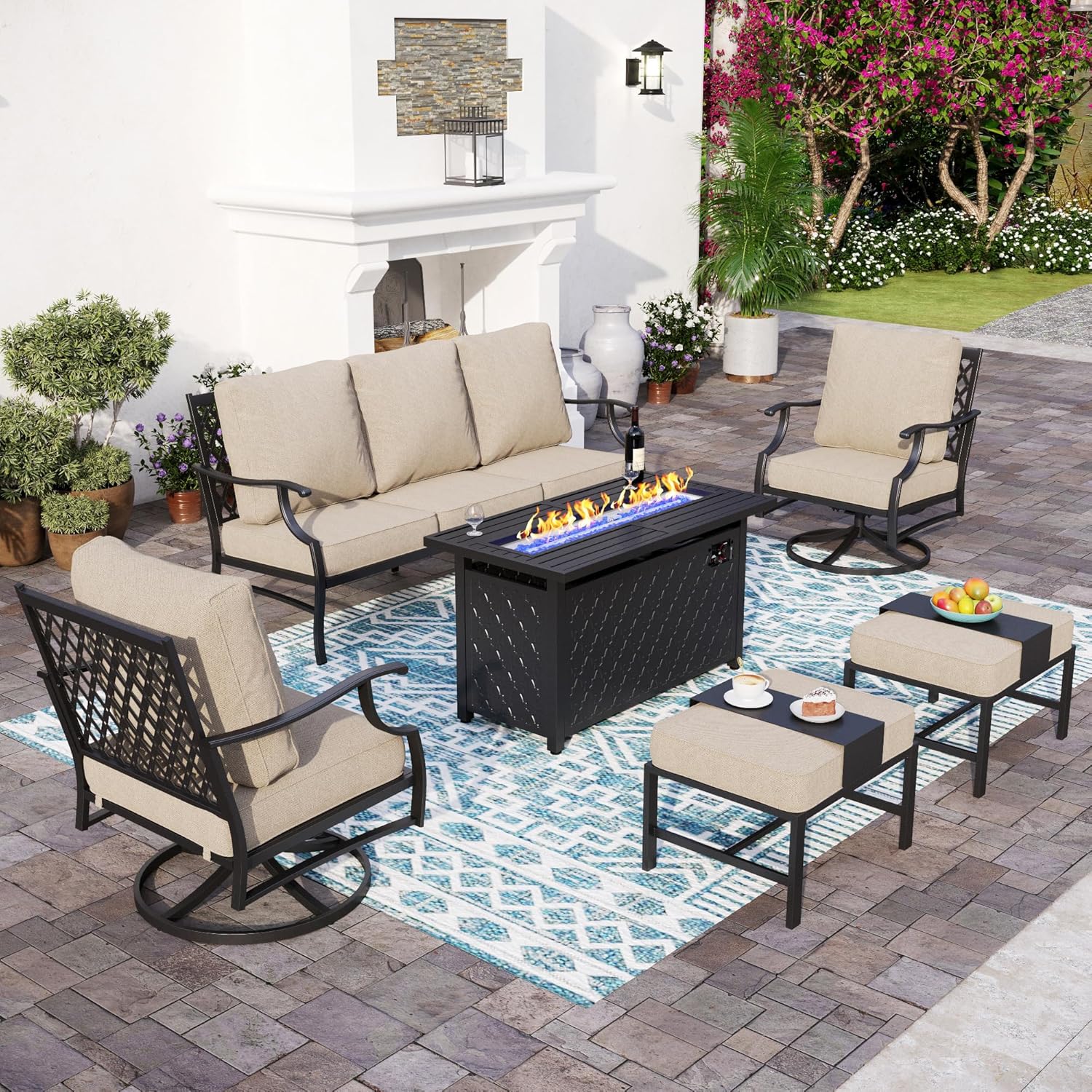 Patio Furniture Set with Firepit Table, Metal Outdoor Patio Furniture, 2 Swivel Chairs, 3 Seater Sofa, 2 Ottomans with 5.75