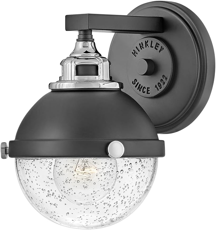 Hinkley Fletcher 5170BK-CM Single Light Vanity Wall Sconce - Vintage Industrial Fixture, Clear Seedy Glass, Bath and Beyond - Black + Chrome