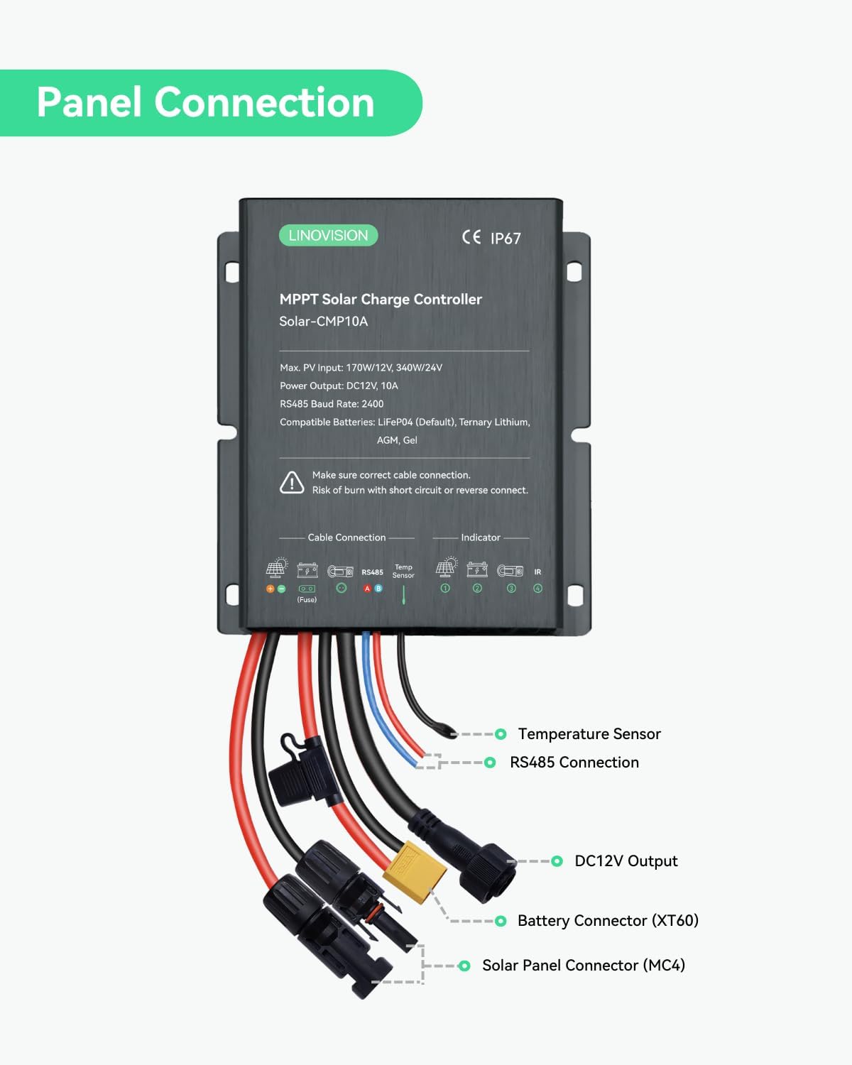 MPPT 12V/24V 10A Solar Charge Controller with Industrial USB to RS485 Converter