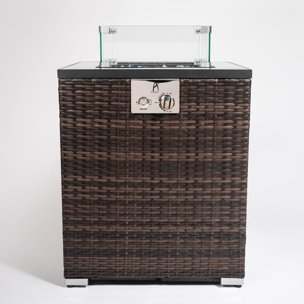 22 Inch Propane Fire Pit Table with Glass Wind Guard and Wicker Base for Outdoor Patio Garden Backyard Decor (Espresso + Wicker + Classic + French + French Country + Luxury)