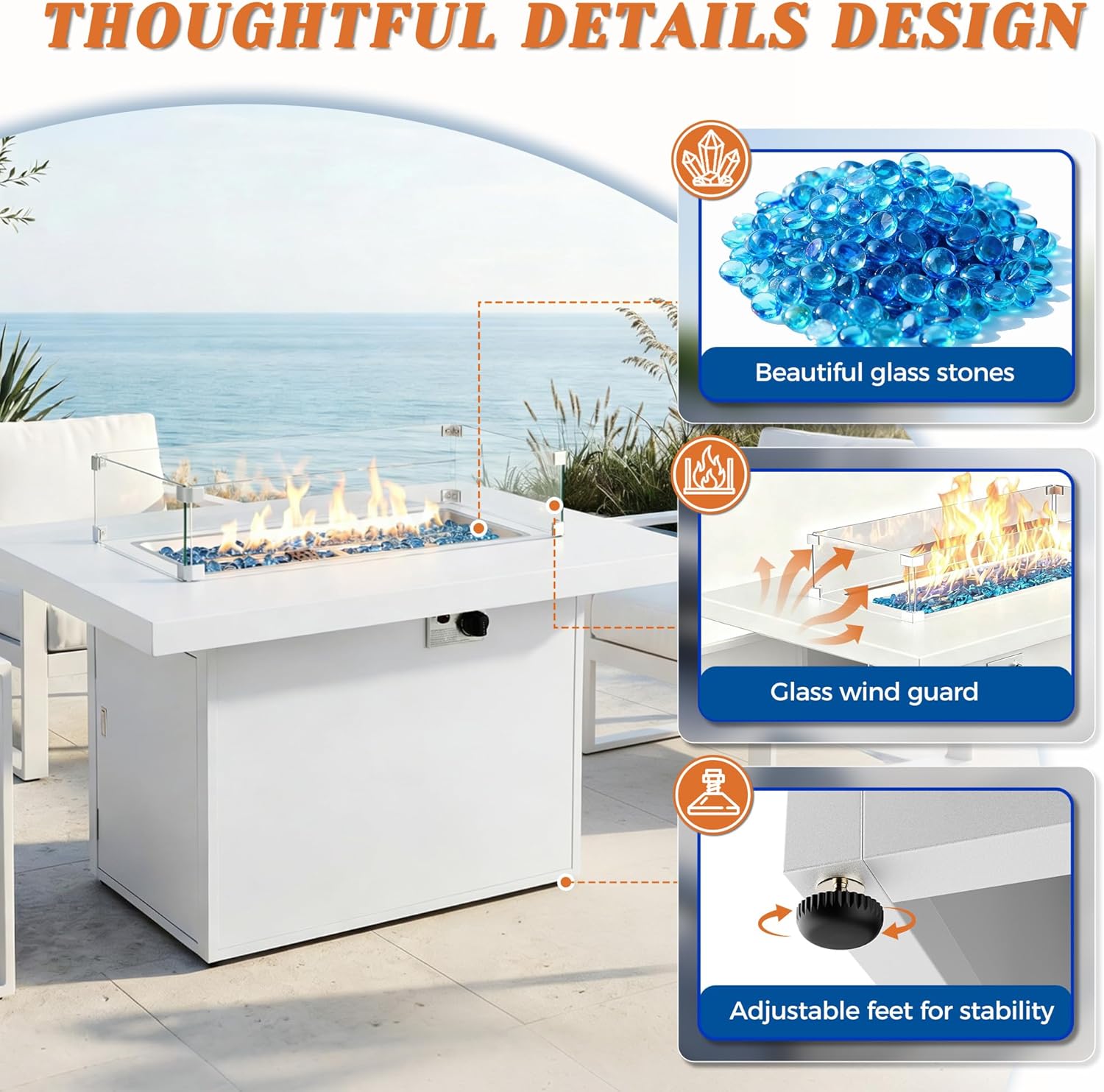 RADIATA Patio Outdoor Aluminum Rectangle Propane Gas Fire Pit Table Anti-Rust 55,000 BTU H-Burner Firepit with Glass Stones & Wind Guard Glass Cover for Outside Garden Yard Pool Balcony (White)