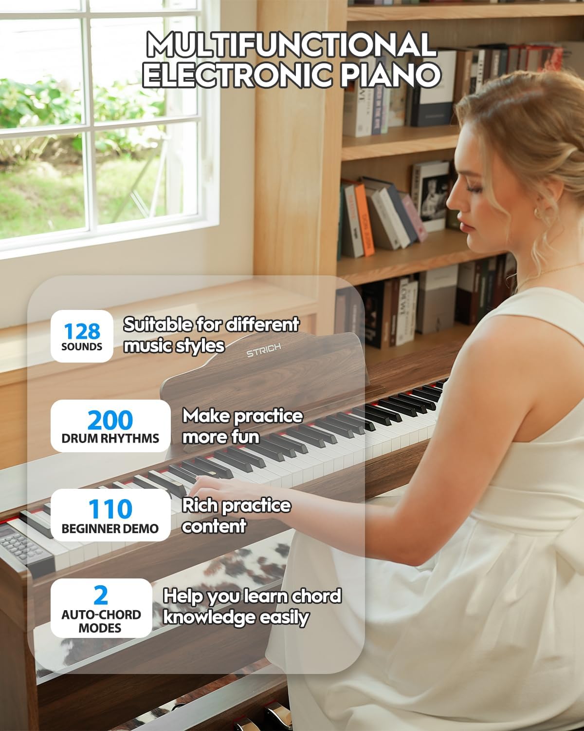 STRICH Digital Piano 88 Keys, Hammer-Action Weighted Keyboard, Full size Electric Piano Keyboard with Furniture Stand, 25Wx2 Speakers, Supports USB-MIDI/Wireless Connect, SDP-300W (Color Walnut Wood)