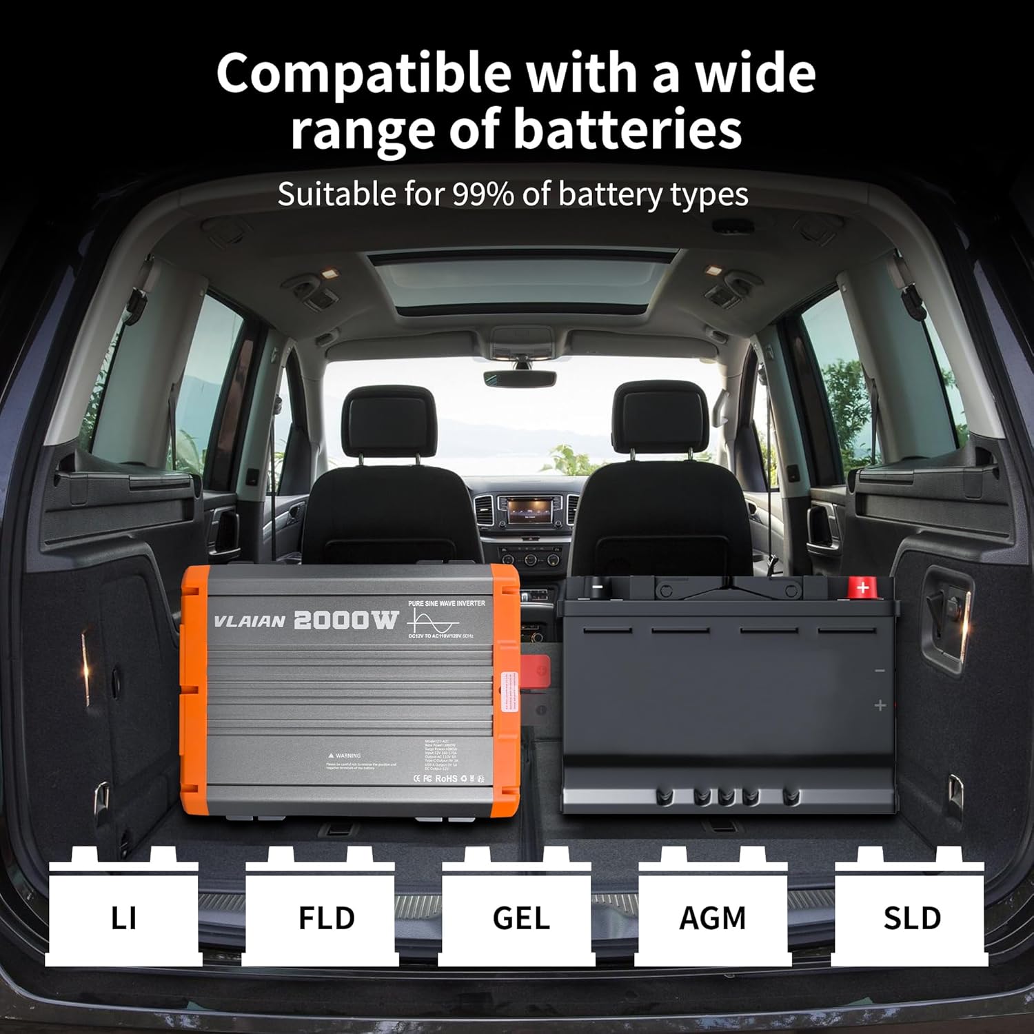 2000W Pure Sine Wave Inverter,12V DC to 110V AC Power Inverter for Vehicles RV,Truck,Car,Solar Off-Grid Converter with 2 AC Outlet,27W Type-C,5V 3A USB-A,Hardwire Port，16ft Remote Controller