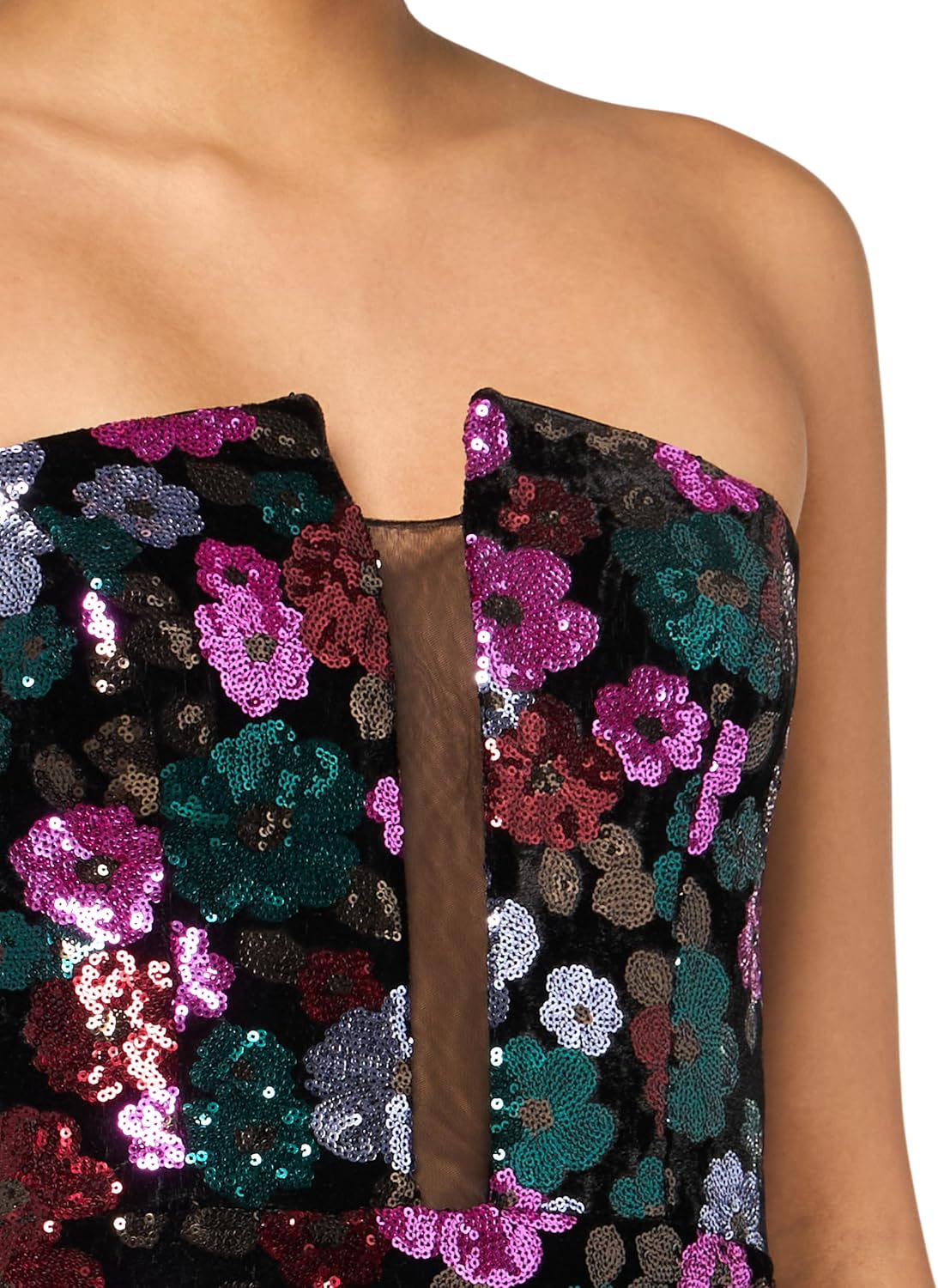 Dress the Population Women's Erica Scattered Floral Sequin On Velvet, Midi, Bodycon, V-Neck Dress, Black Multi, Small