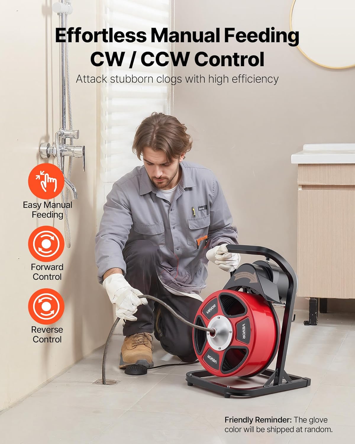 VEVOR Drain Cleaner Machine 50 FT x 1/2 Inch, Manual Feed Sewer Snake Auger with 4 Cutters & Air-Activated Foot Switch for 2