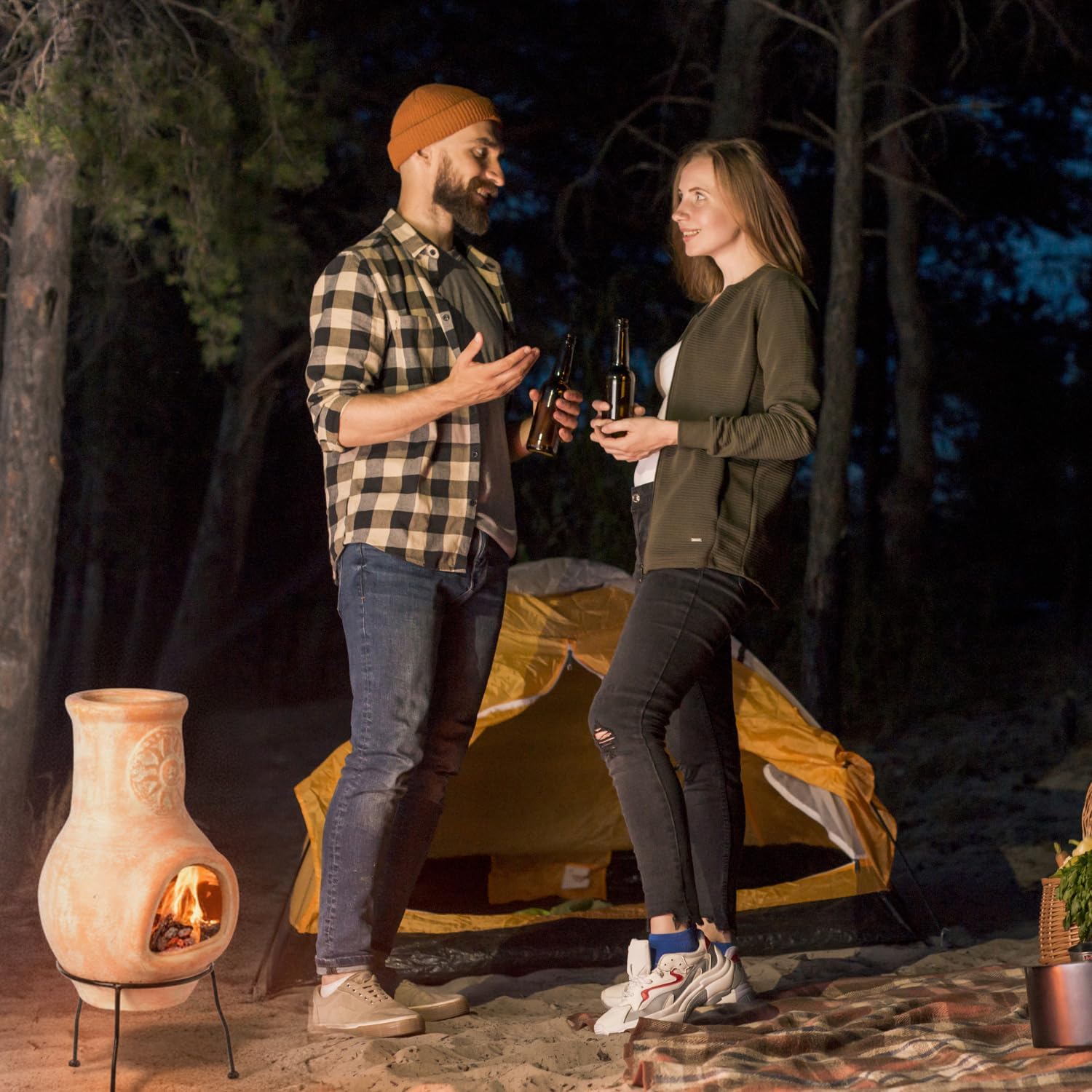 Vintiquewise Beige Outdoor Clay chiminea Outdoor Fireplace Sun Design Charcoal Burning Fire Pit with Sturdy Metal Stand, Barbecue, Cocktail Party, Family Gathering, Cozy Nights Fire Pit