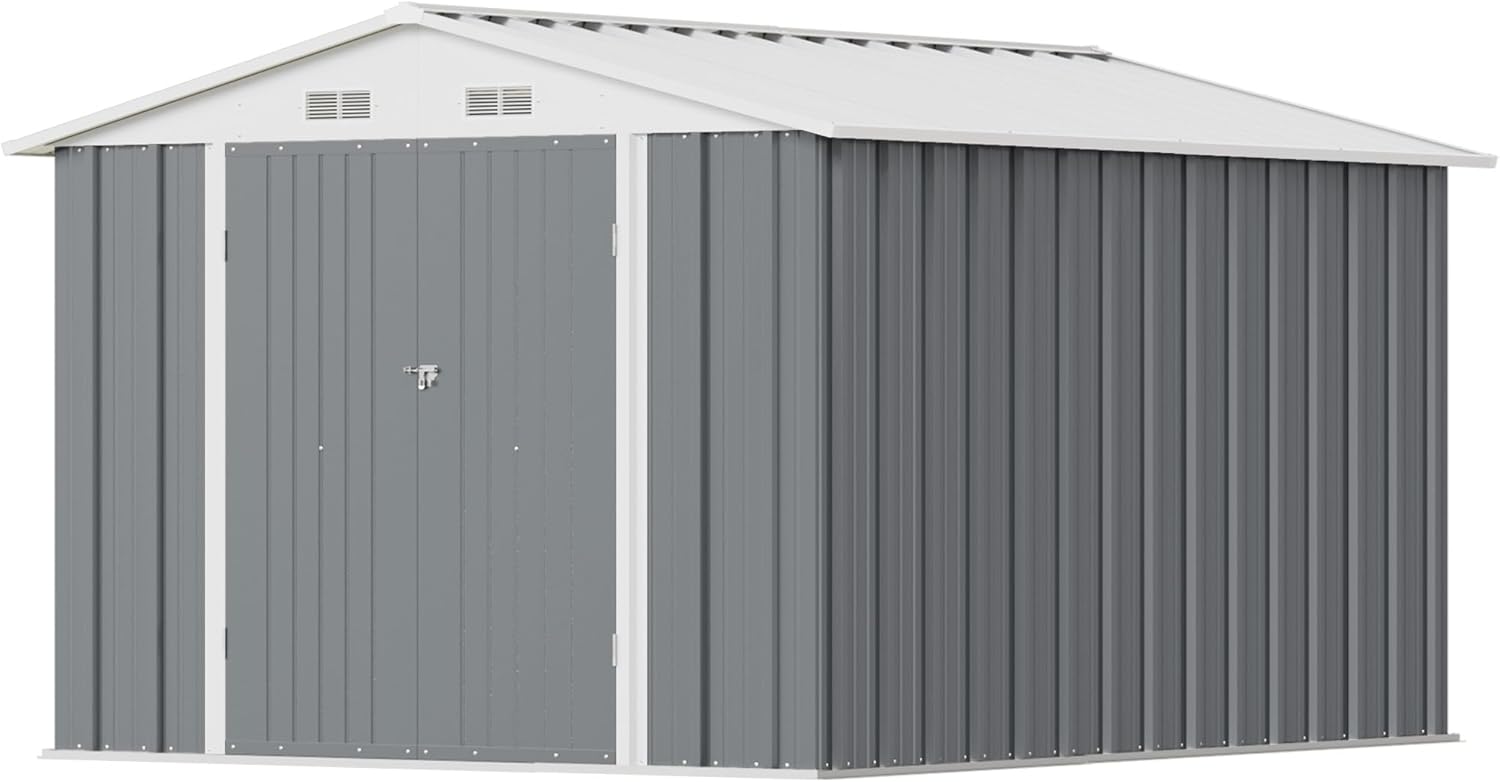 Greesum 8×10FT Outdoor Storage Shed, Metal Patio Storaged Sheds with Lockable Doors, Sheds & Outdoor Storage for Bike, Backyard, Pool and Garden, Gray