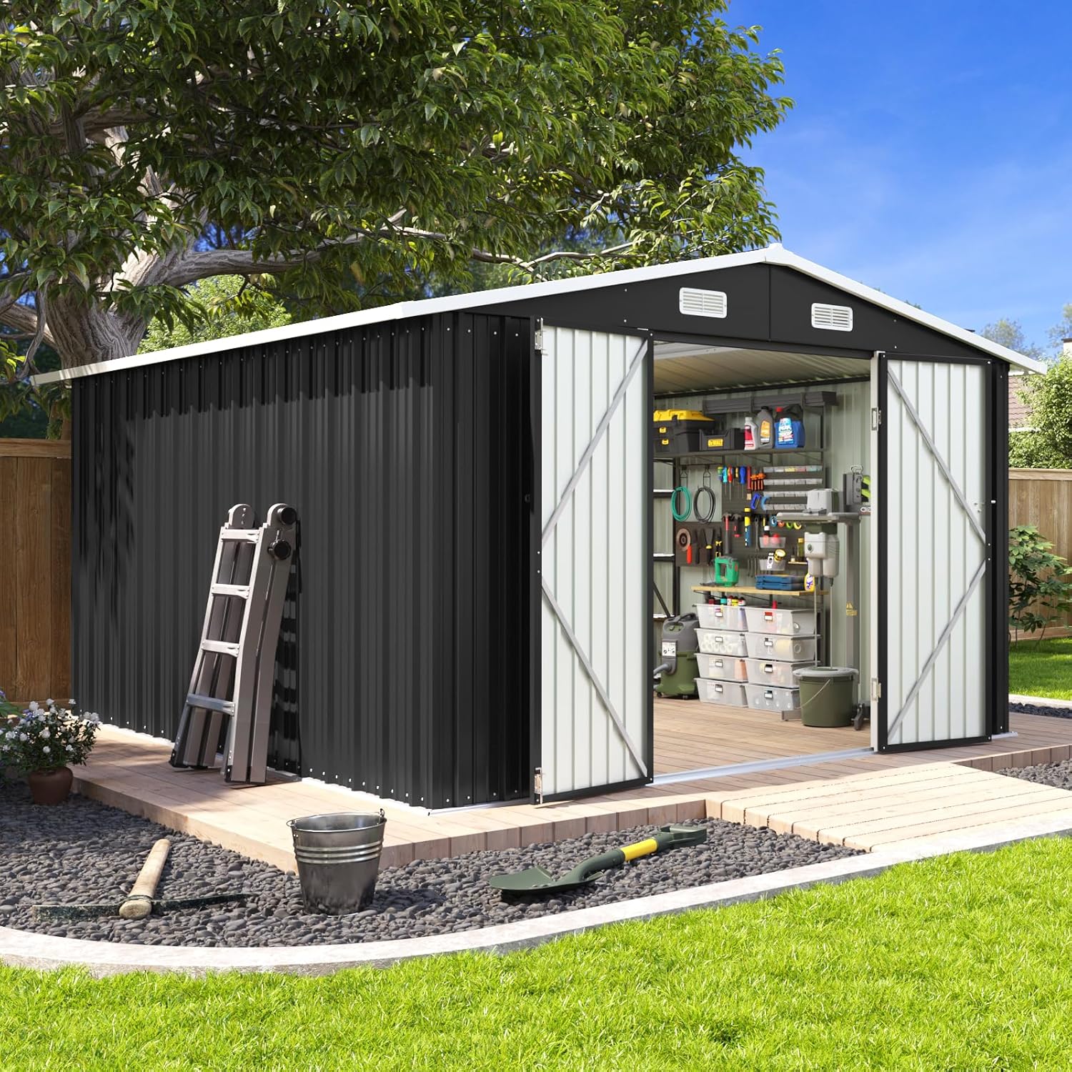 Aoxun 10 x 12FT Outdoor Storage Shed with Double Hinged Large Door Utility Garden Shed with Lockable Door & Sloped Roof Metal Sheds Outdoor Storage for Garden, Backyard, Patio and Backyard, Black