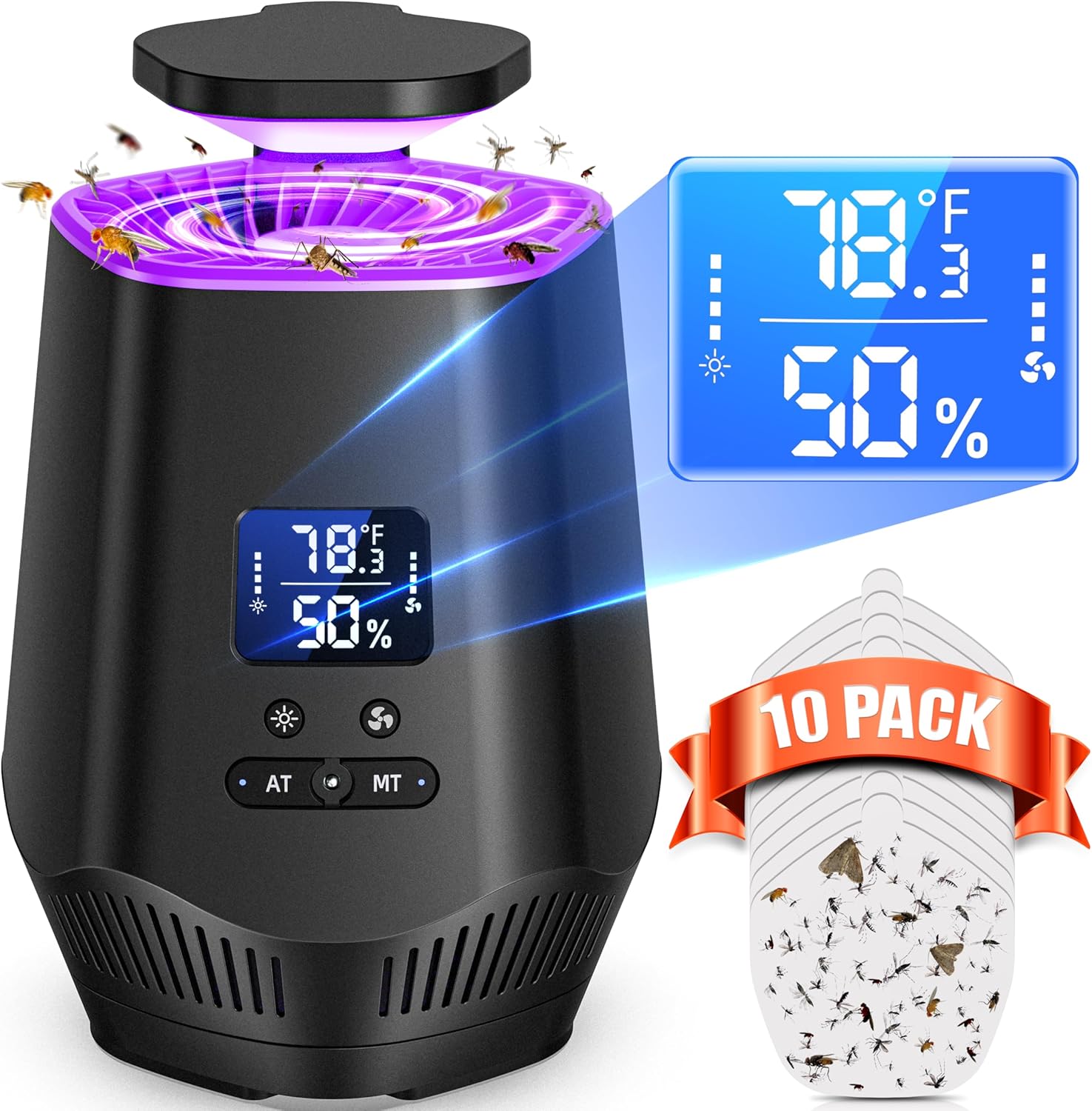 Fruit Fly Traps for Indoors, Smart Fly Trap Indoor Bug Zapper Gnat Traps for House Indoor with Temperature and Humidity Sensor, 10PCS Sticky Boards Black 01