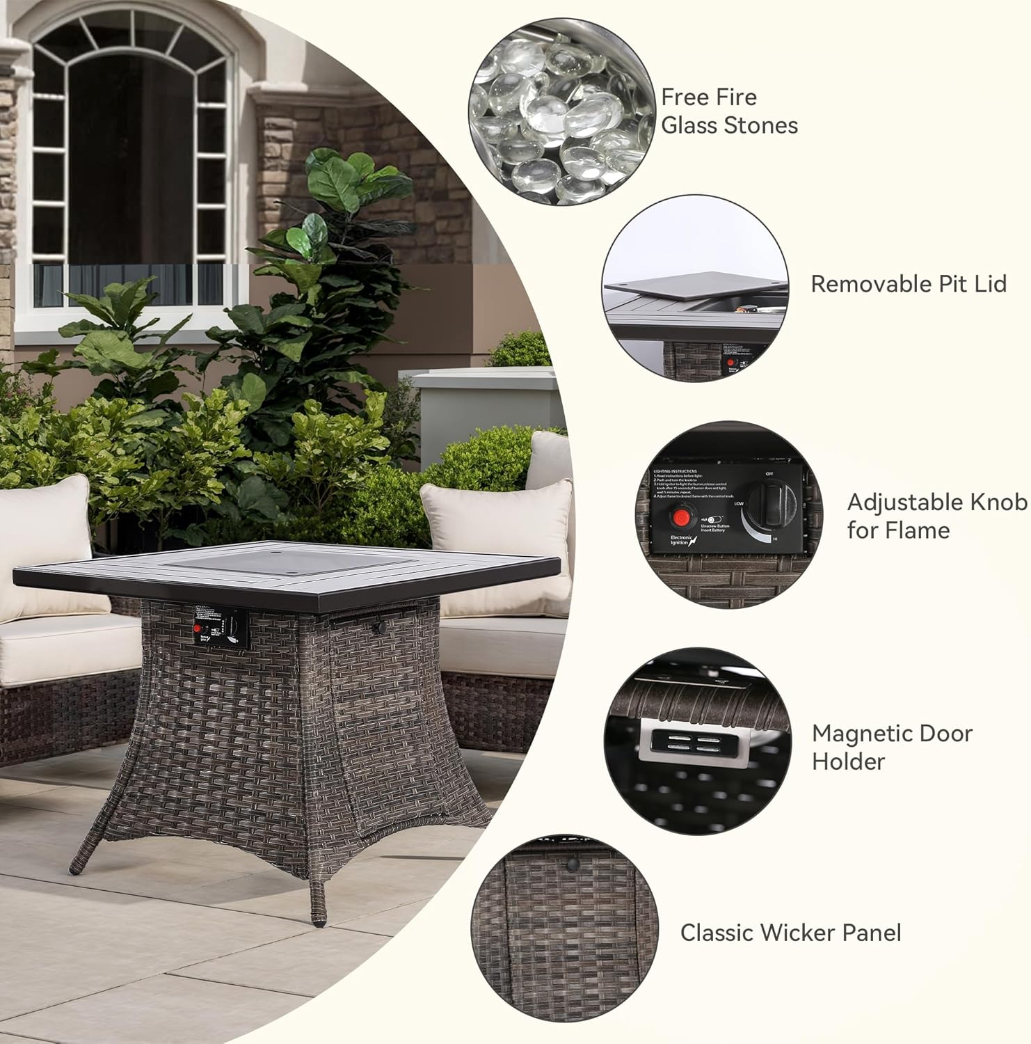 31.7in Propane Fire Pit Gas Fire Pit Table with Lid and Metal Tabletop, CSA with Lava Rocks, Heavy Duty 2 in 1 Square Fire Pit Table for Outdoor, Patio, Garden, Party and Camping