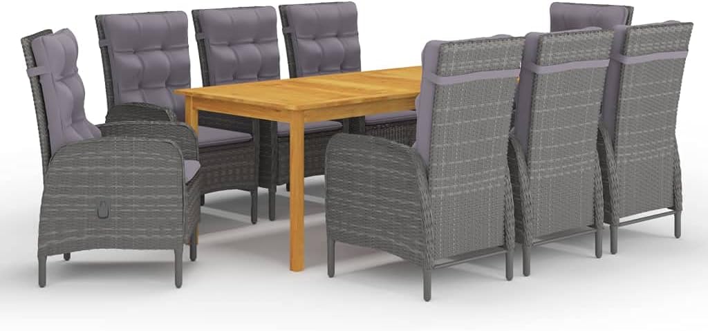 9 Piece Patio Dining Set Gray,Acacia Wood Dining Set with Rattan Chairs for Enhanced Outdoor Comfort Furniture Sets for Patio, Lawn & Garden
